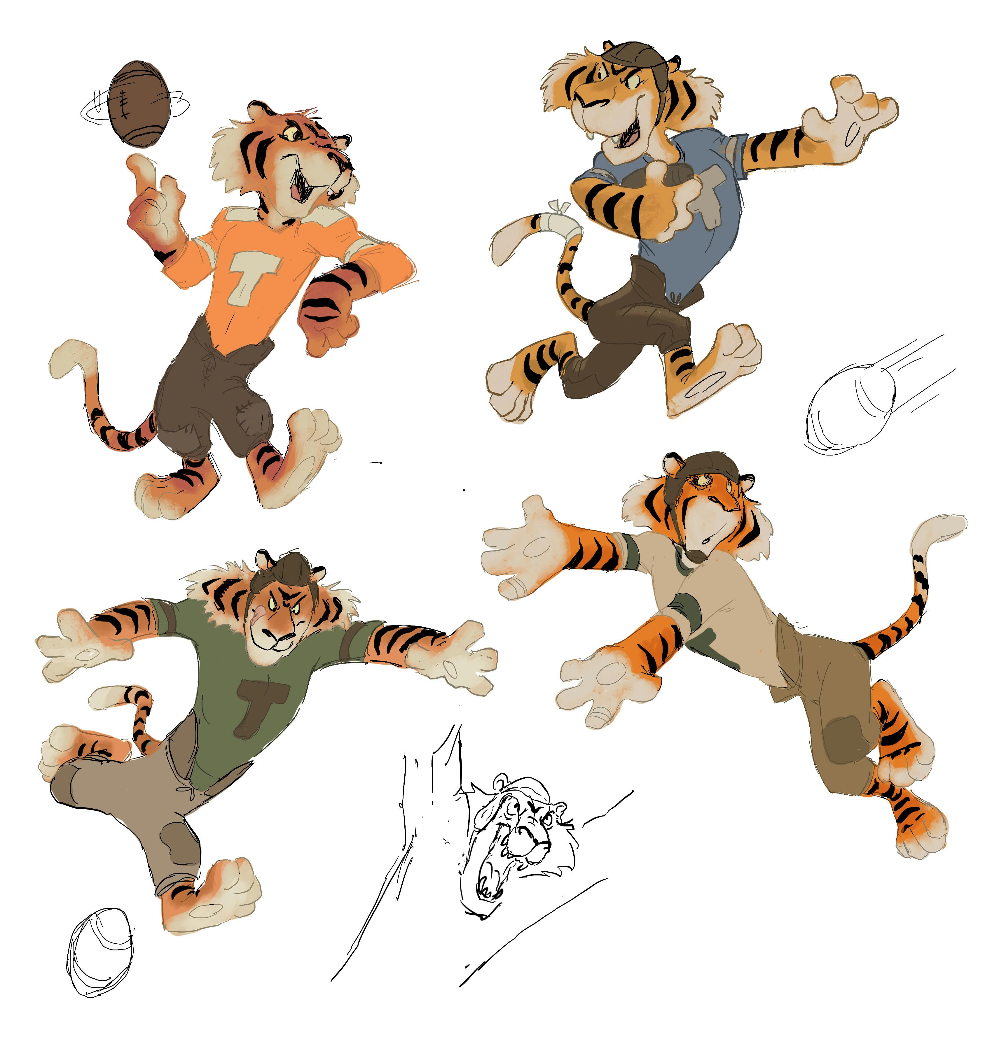 Concept sketches of a tiger playing football