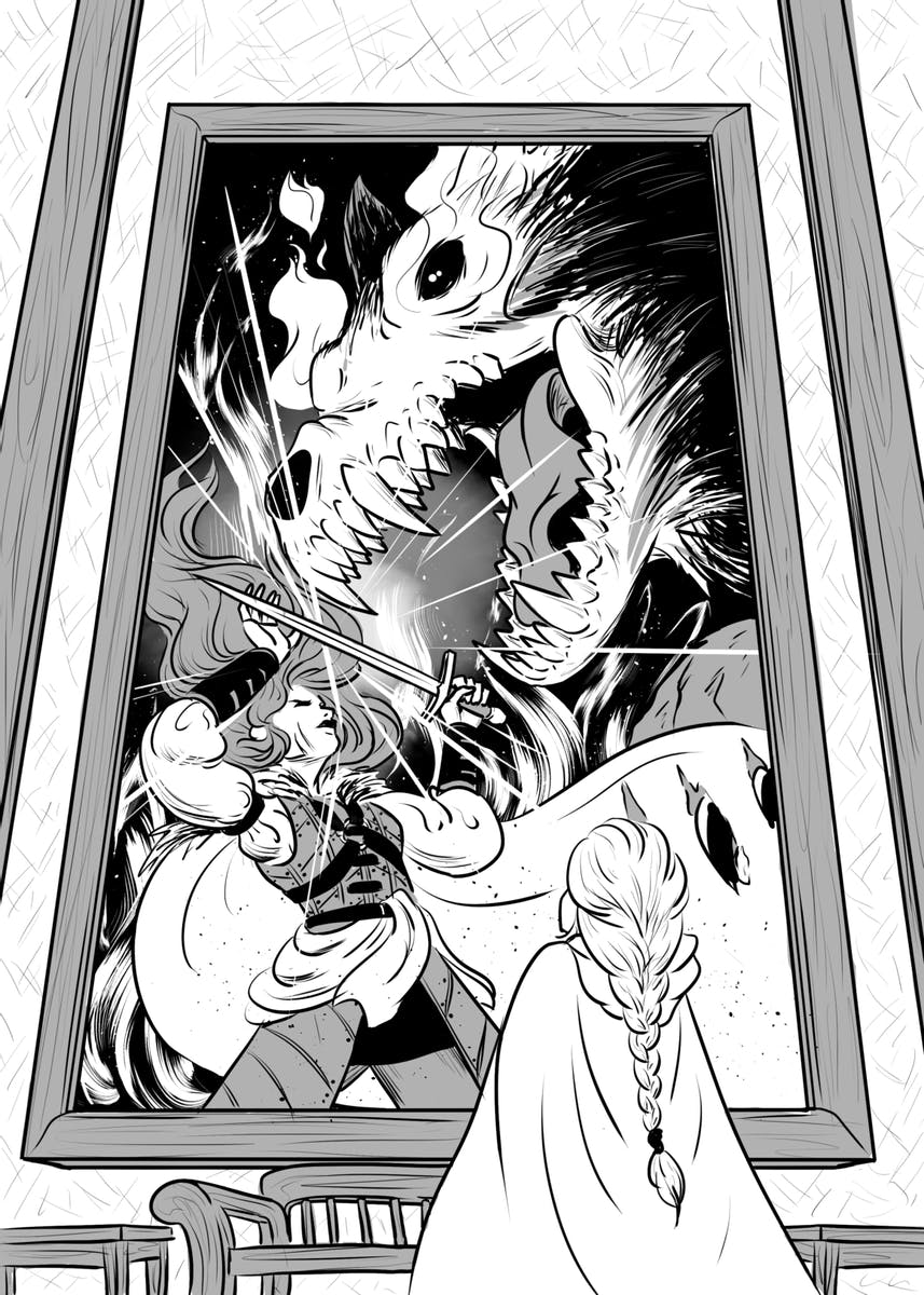 An illustration of a woman looking at a painting of a a hero fighting a monster