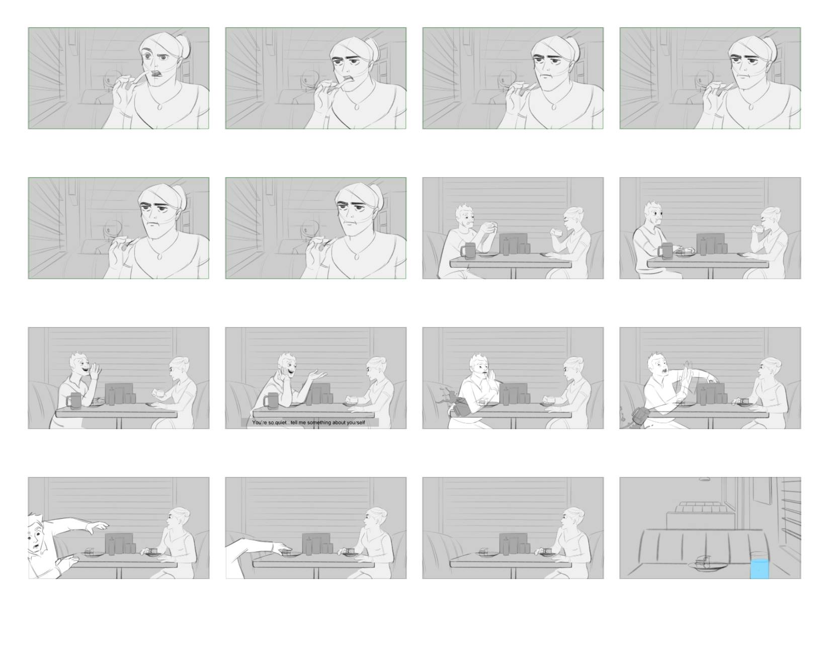 Storyboards of a woman at lunch