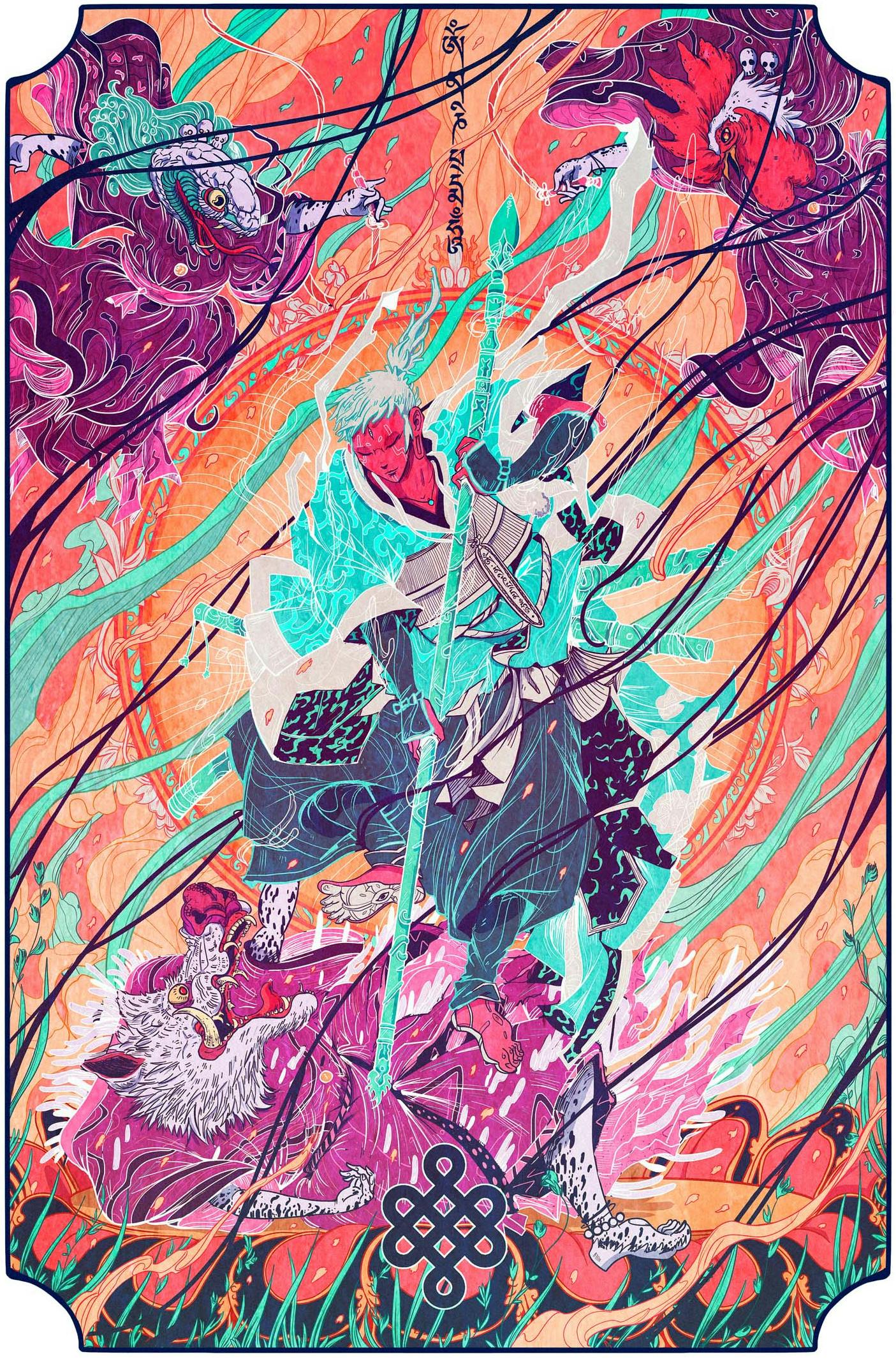 An emblem of a warrior killing a boar