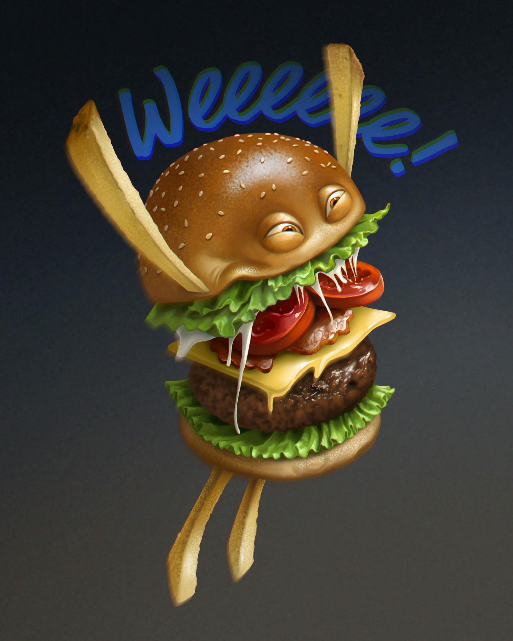 An illustration of a personified hamburger jumping for joy