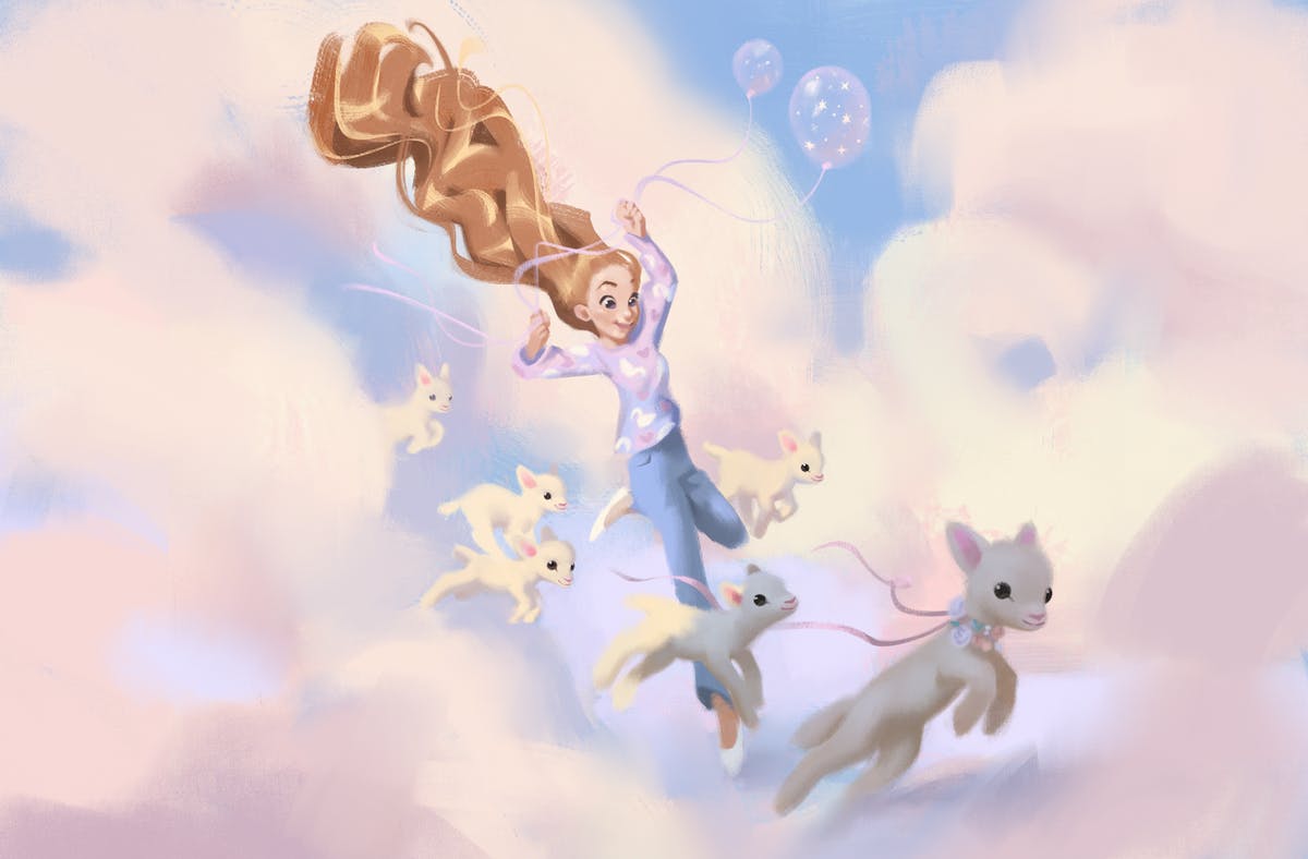 A woman flying in the clouds with lambs