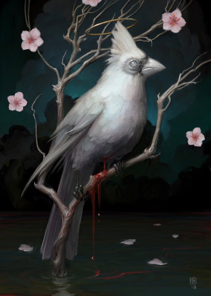 An illustration of a blind white bird