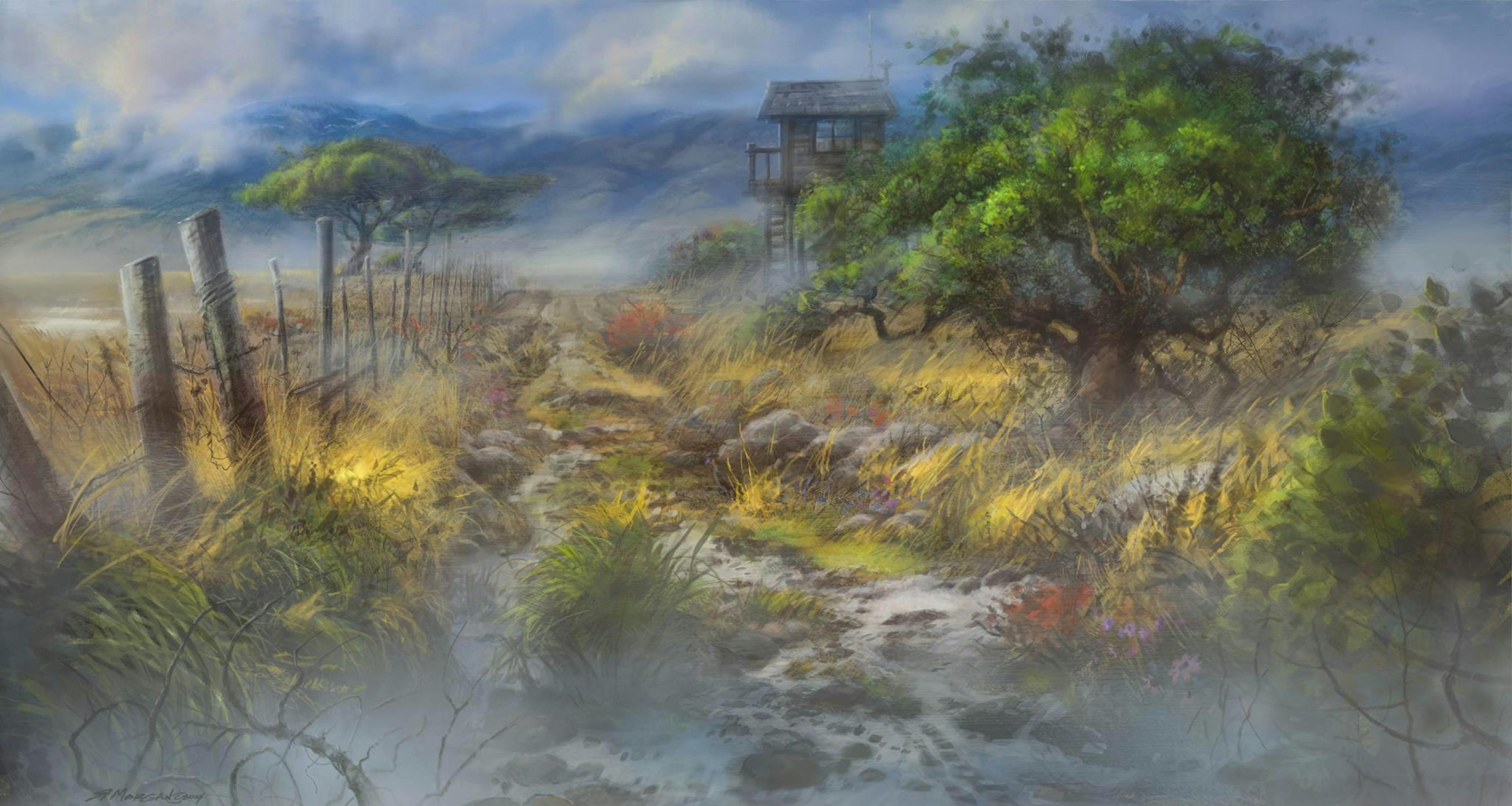 A landscape of a path to a fort