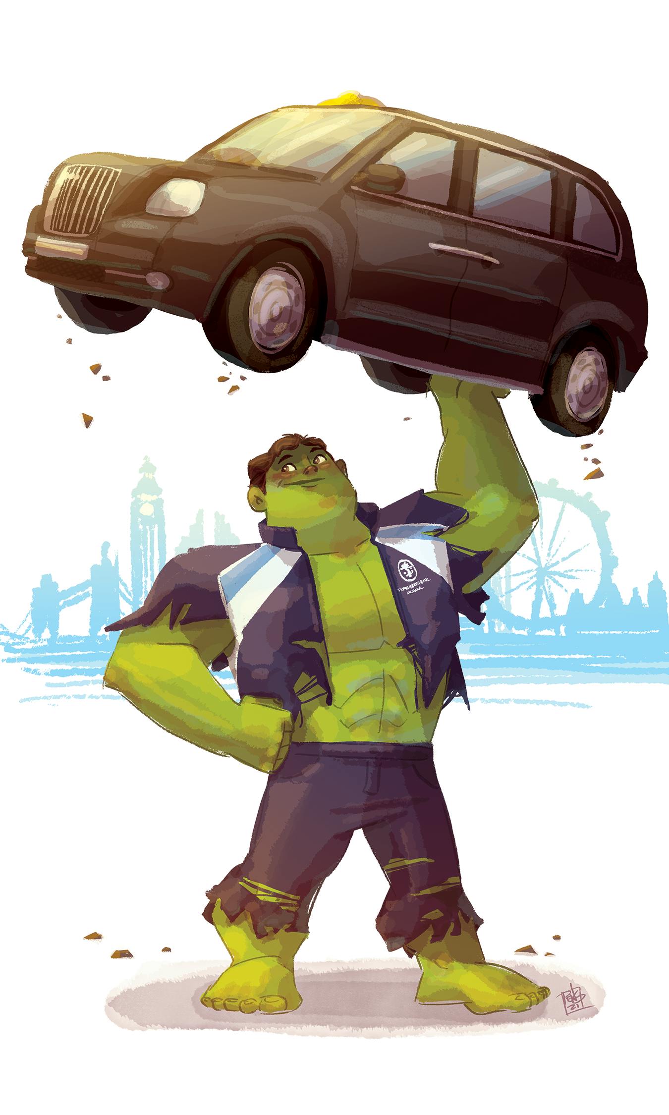 The Hulk holding a car over his head