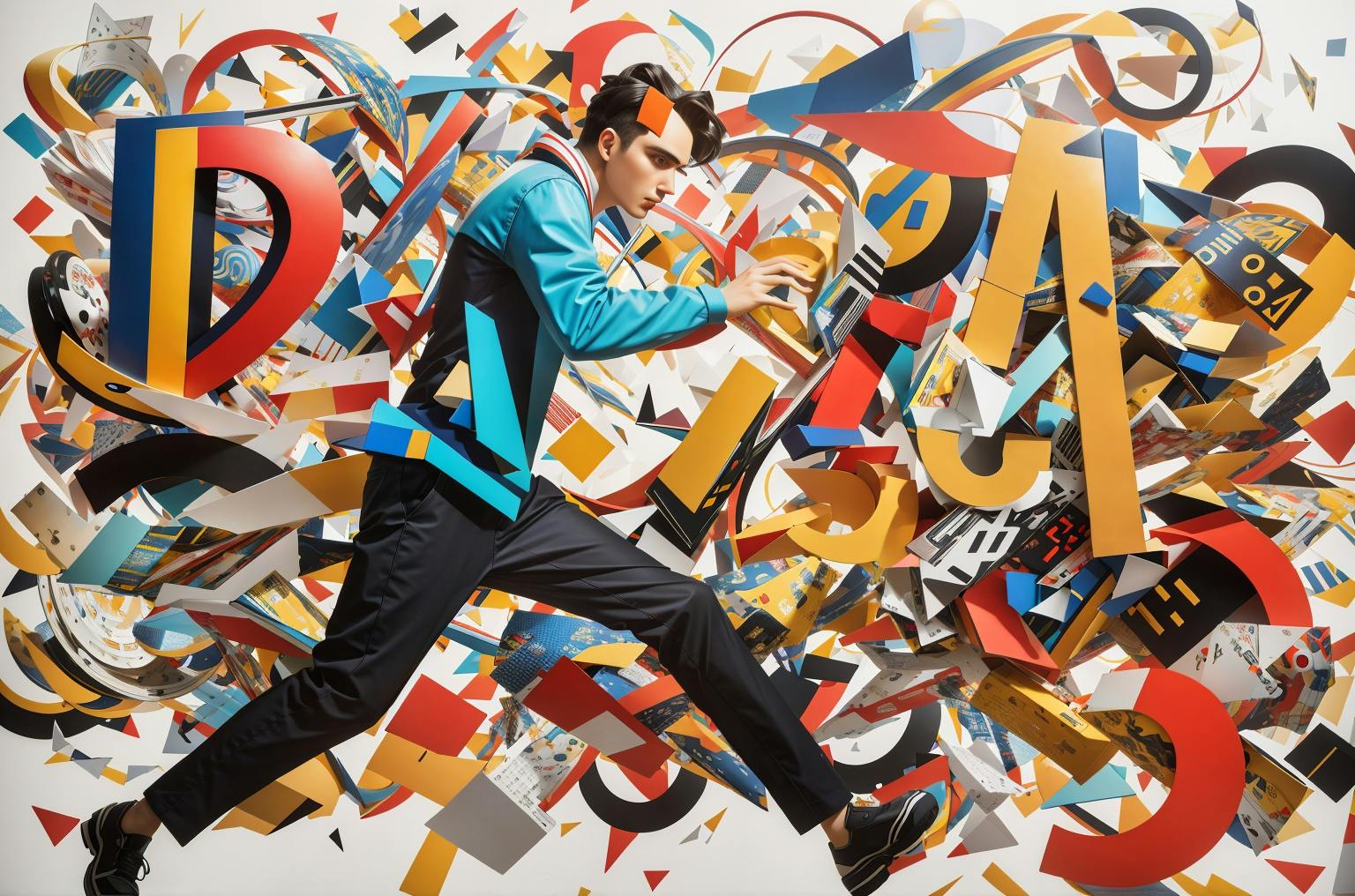 image of a person running with lots of colorful shapes and letters surrounding him in a chaotic explosion