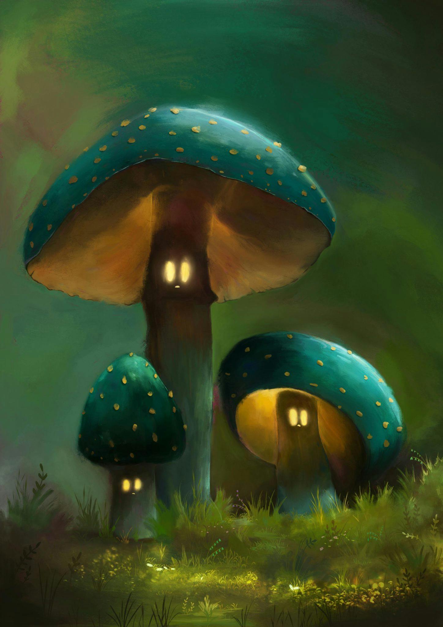 A glowing mushroom family