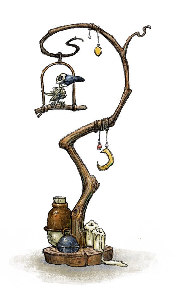 An illustration of a skeleton bird on a curvy stick