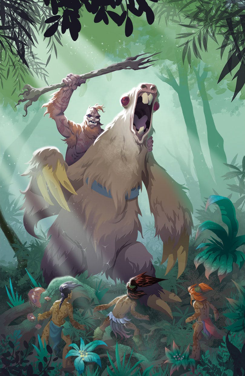 An ape riding a giant sloth
