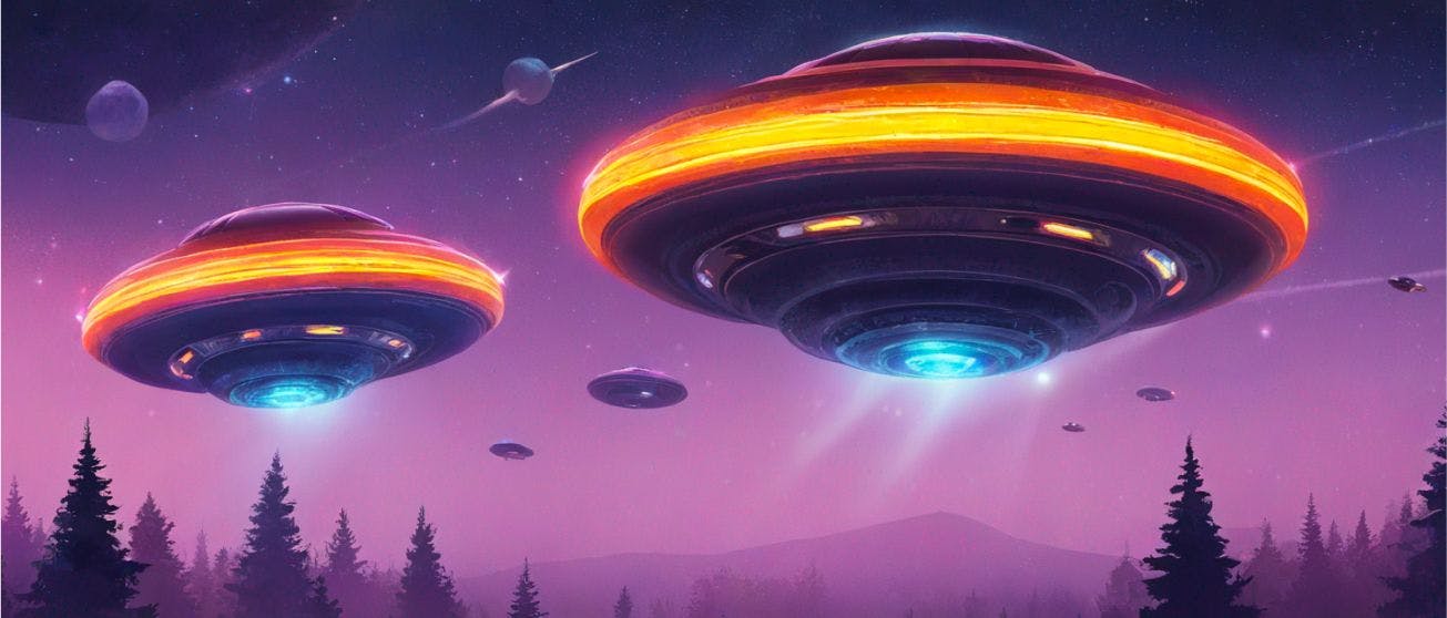 Two sleek spaceships with vibrant orange rings encircling them, emitting bright blue light onto the landscape below. The dark purple sky contrasts with the illuminated scene, casting a mystical glow over the trees. The image symbolizes 'how generative AI works' through its imaginative and transformative depiction of technology and nature.
