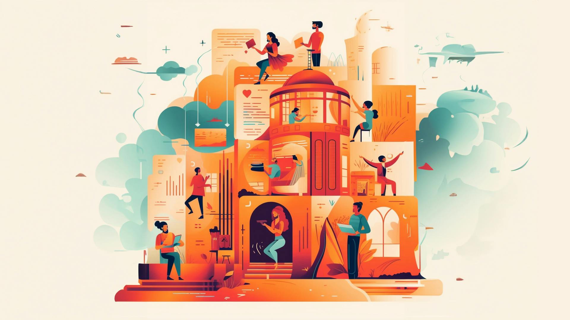 article feature image with colorful house and abstract people for brand story article