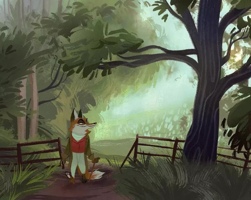 An illustration of a gentleman fox walking in the forest