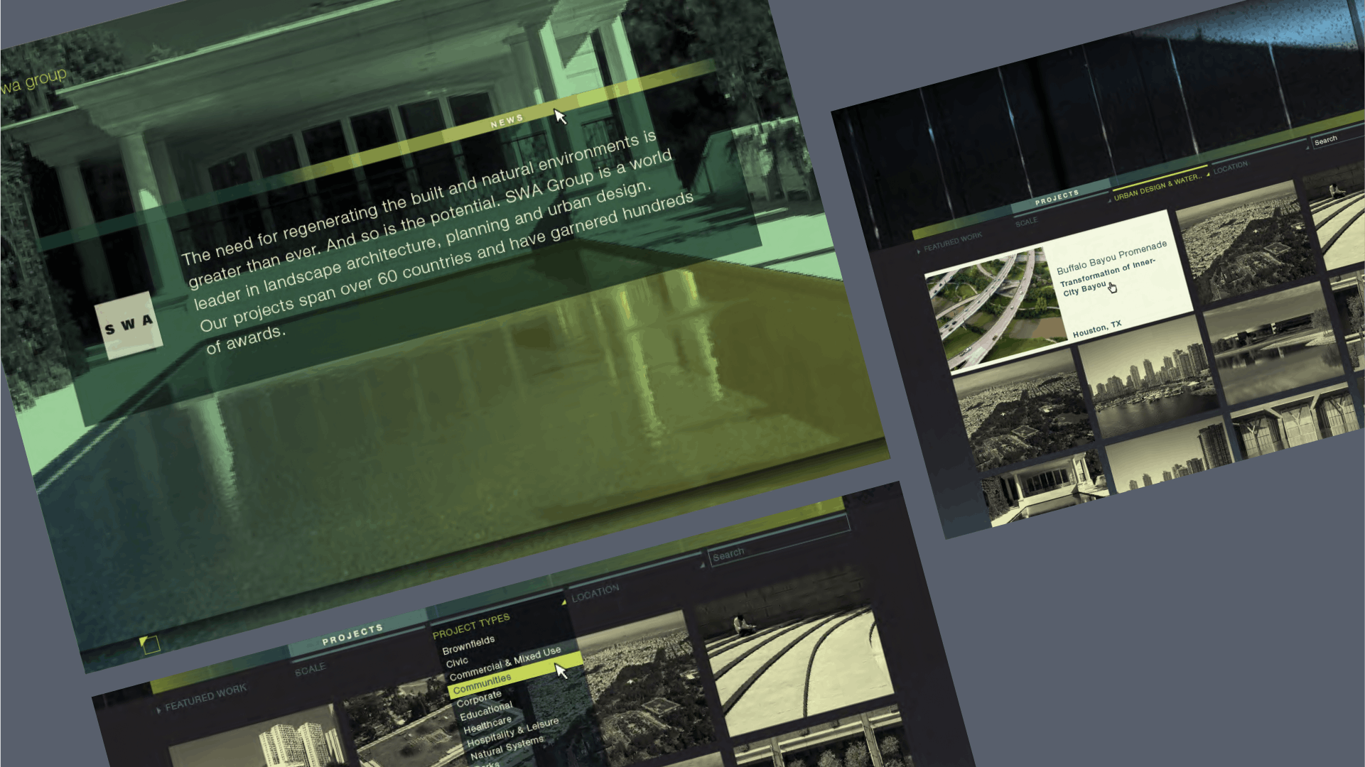 Website UI mockup showcasing anthem video design for SWA Group, featuring project highlights and visual storytelling elements.