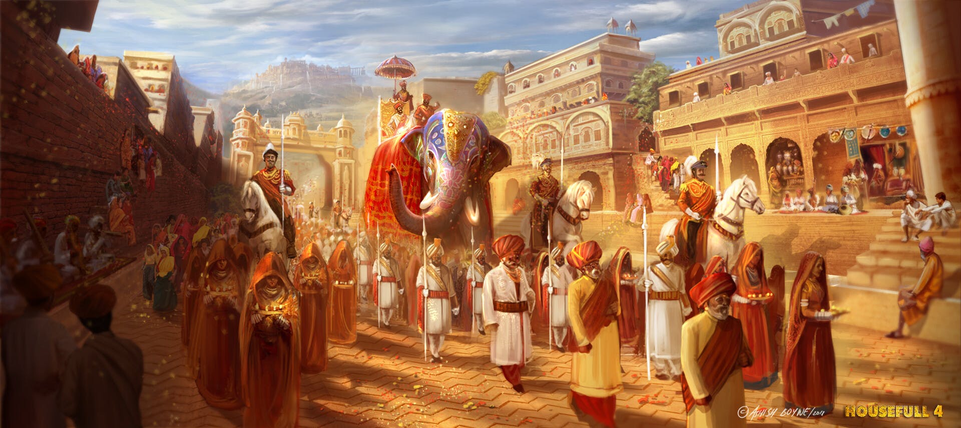 A parade with an elephant in old India