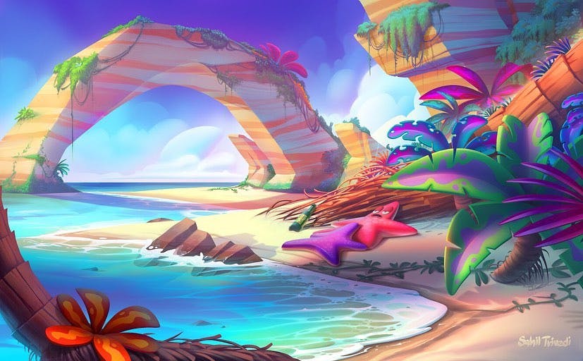 A brightly colored beach scene