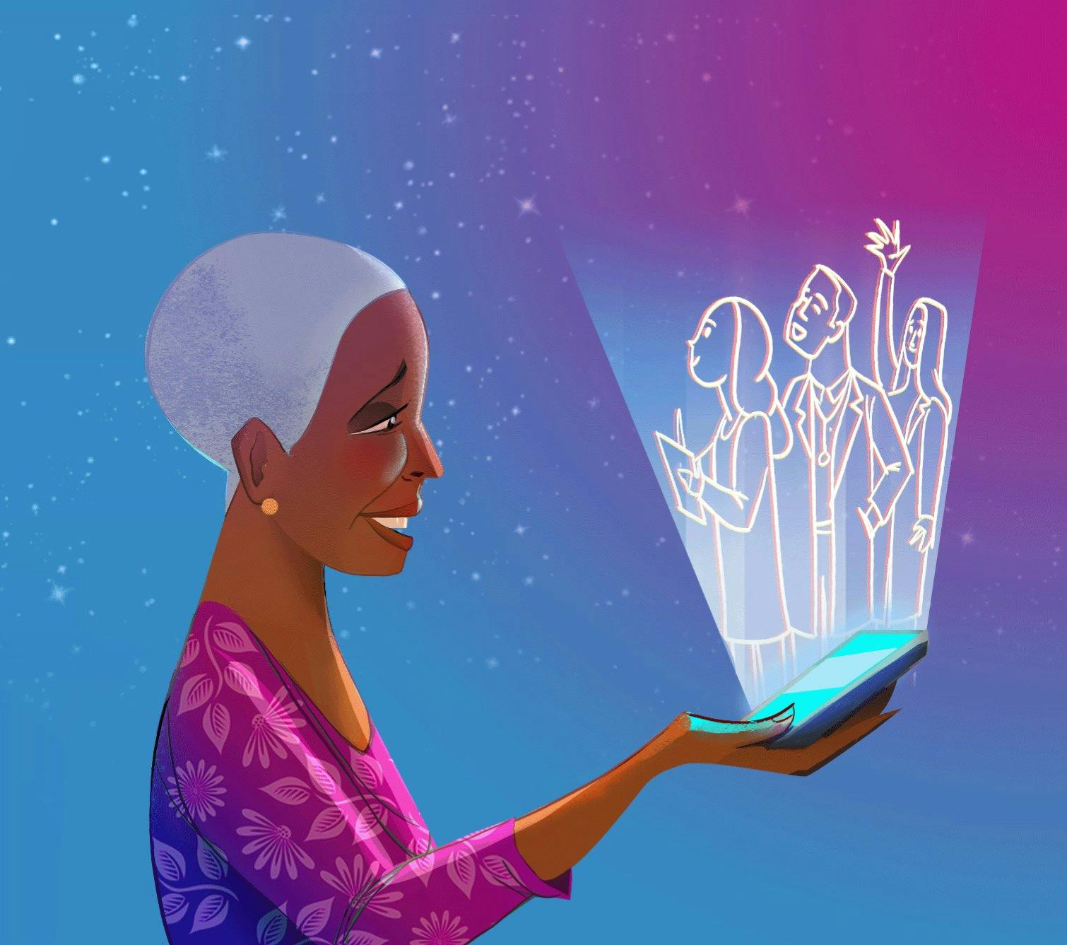 An elderly woman appreciating a conversation with a hologram.