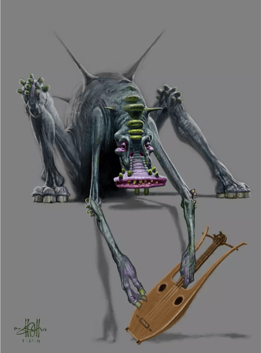 An illustration of a creature holding a type of guitar