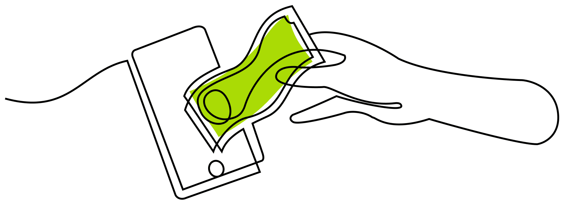 An illustration of a hand pulling money from a mobile device using a single contiguous line