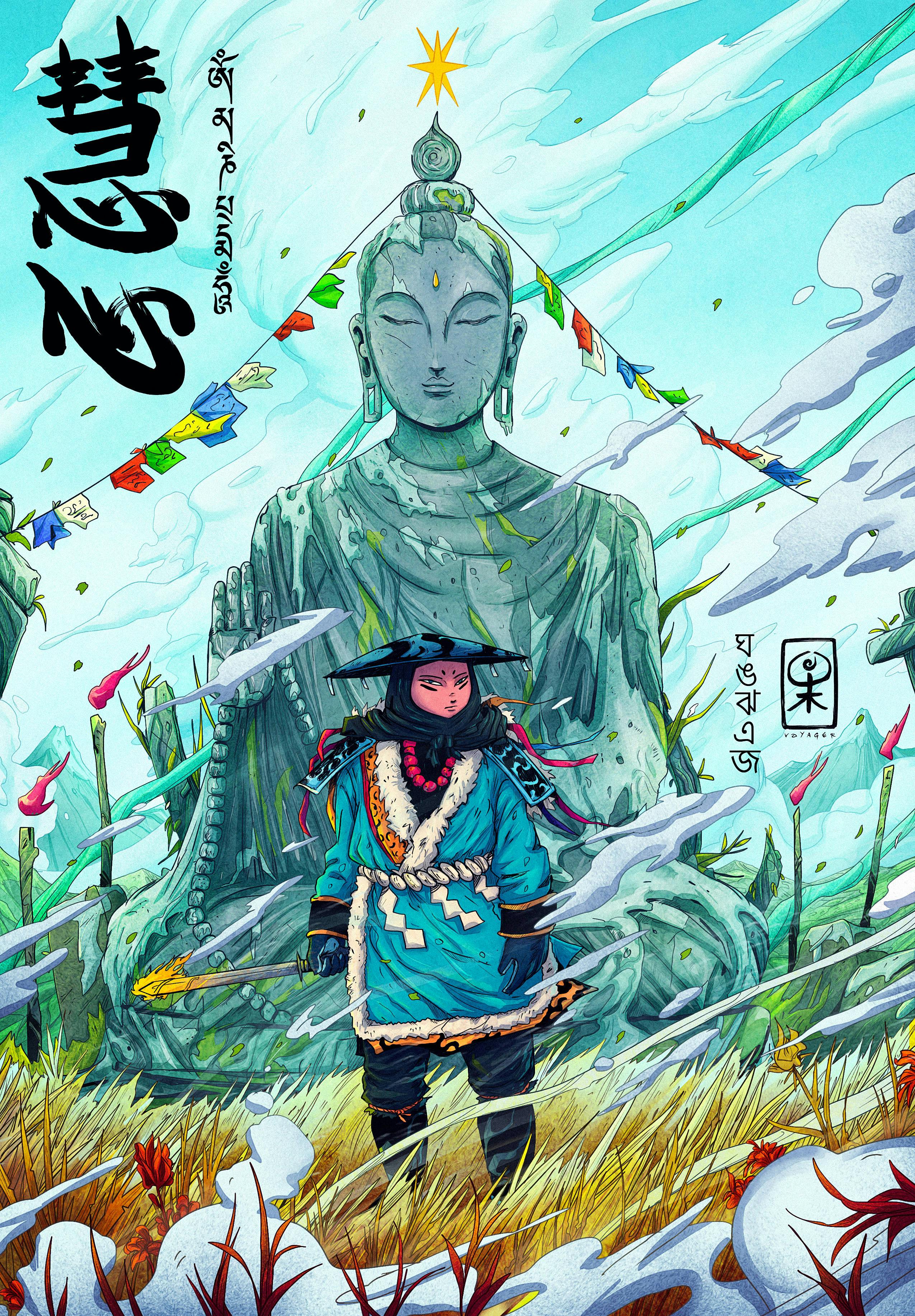 A warrior standing in front of a buddha