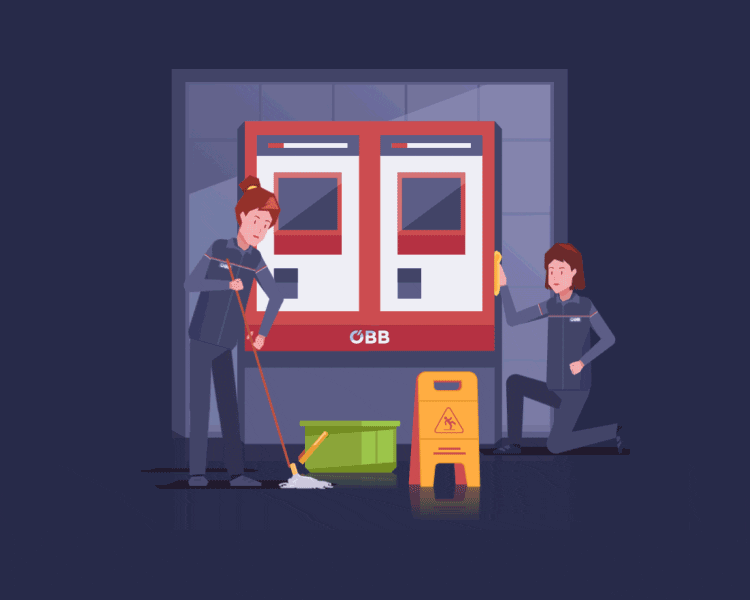 A janitorial crew cleaning an atm