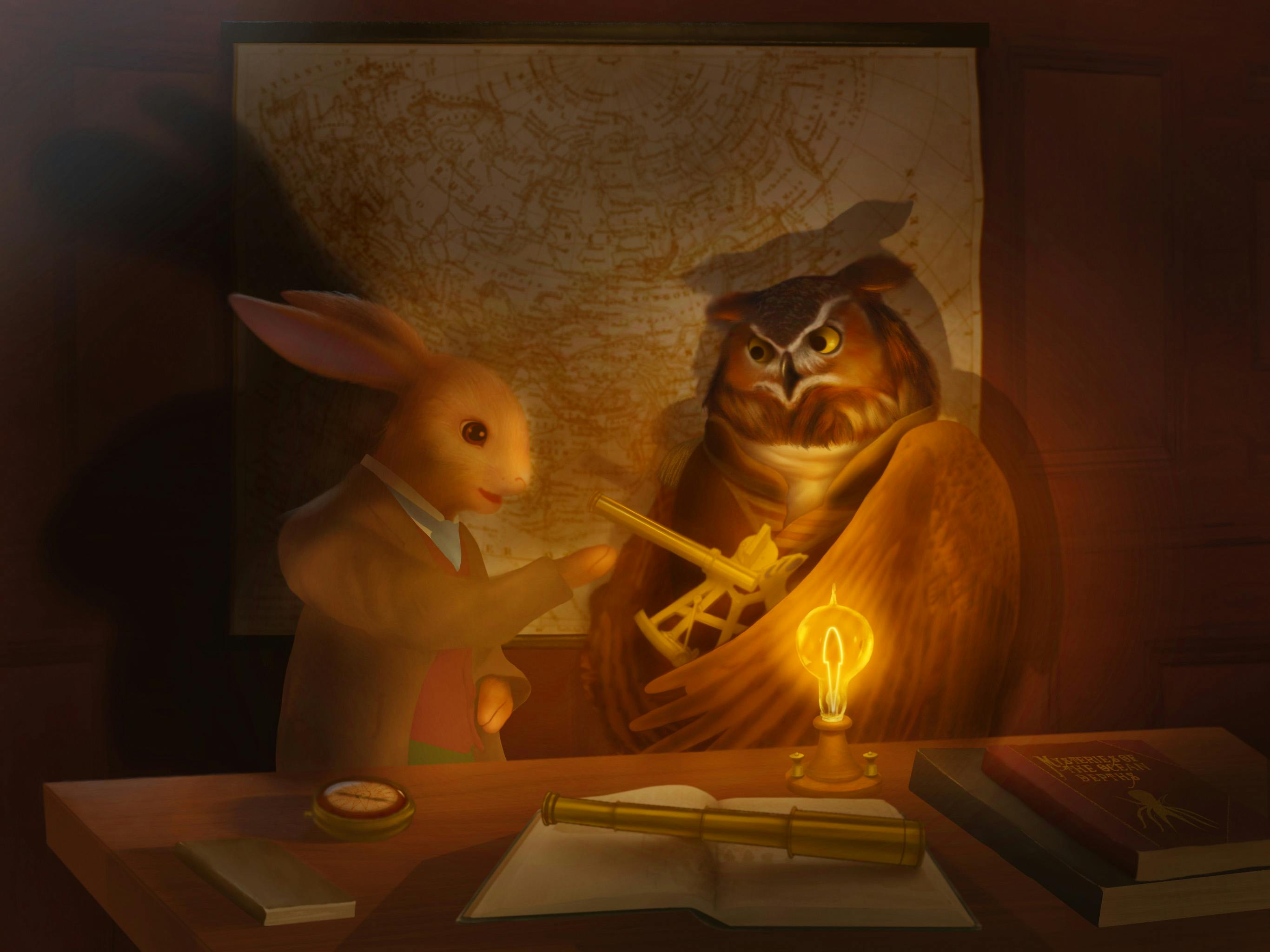 A rabbit and an owl conversing