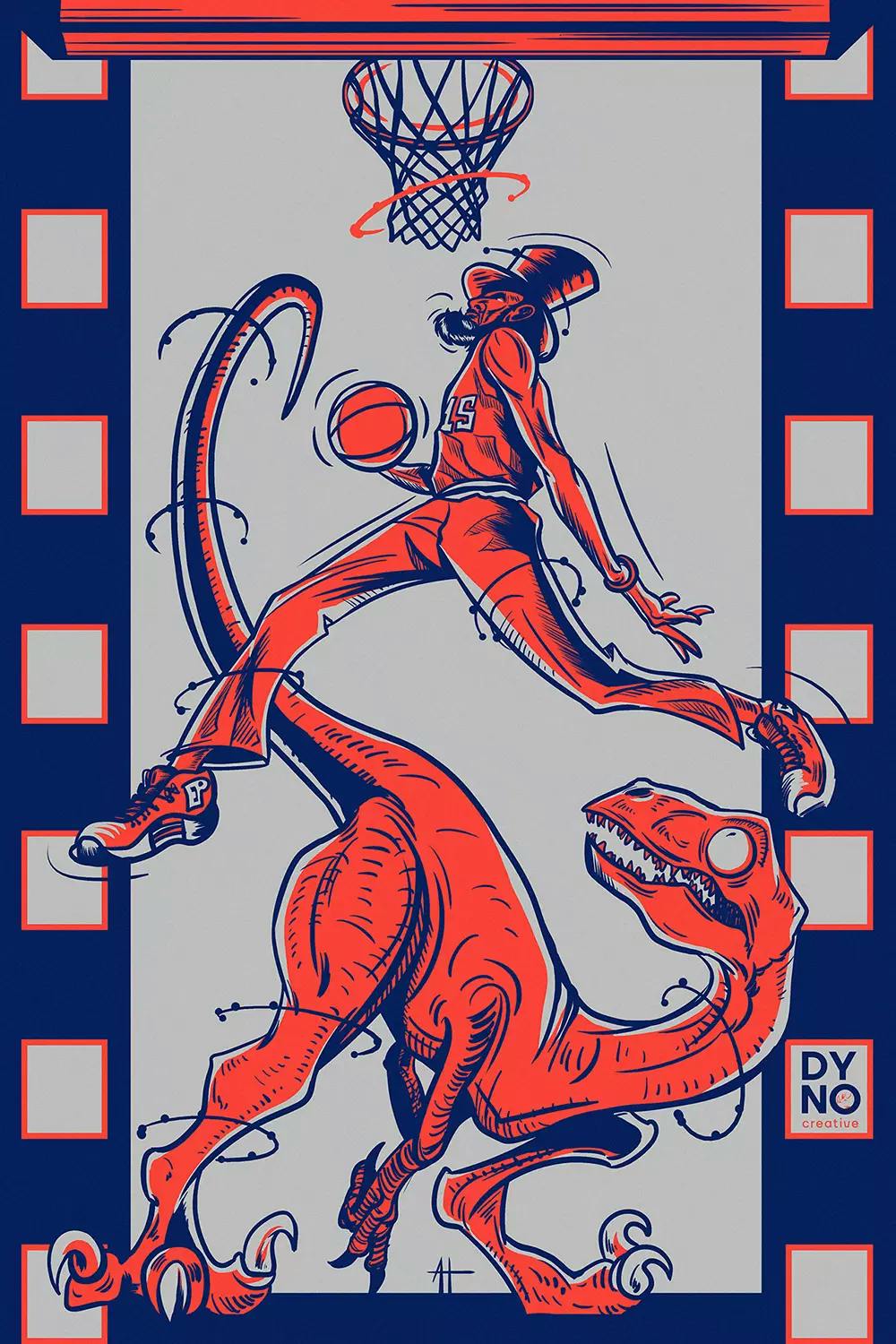 An illustration of a basketball player jumping over a dinosaur