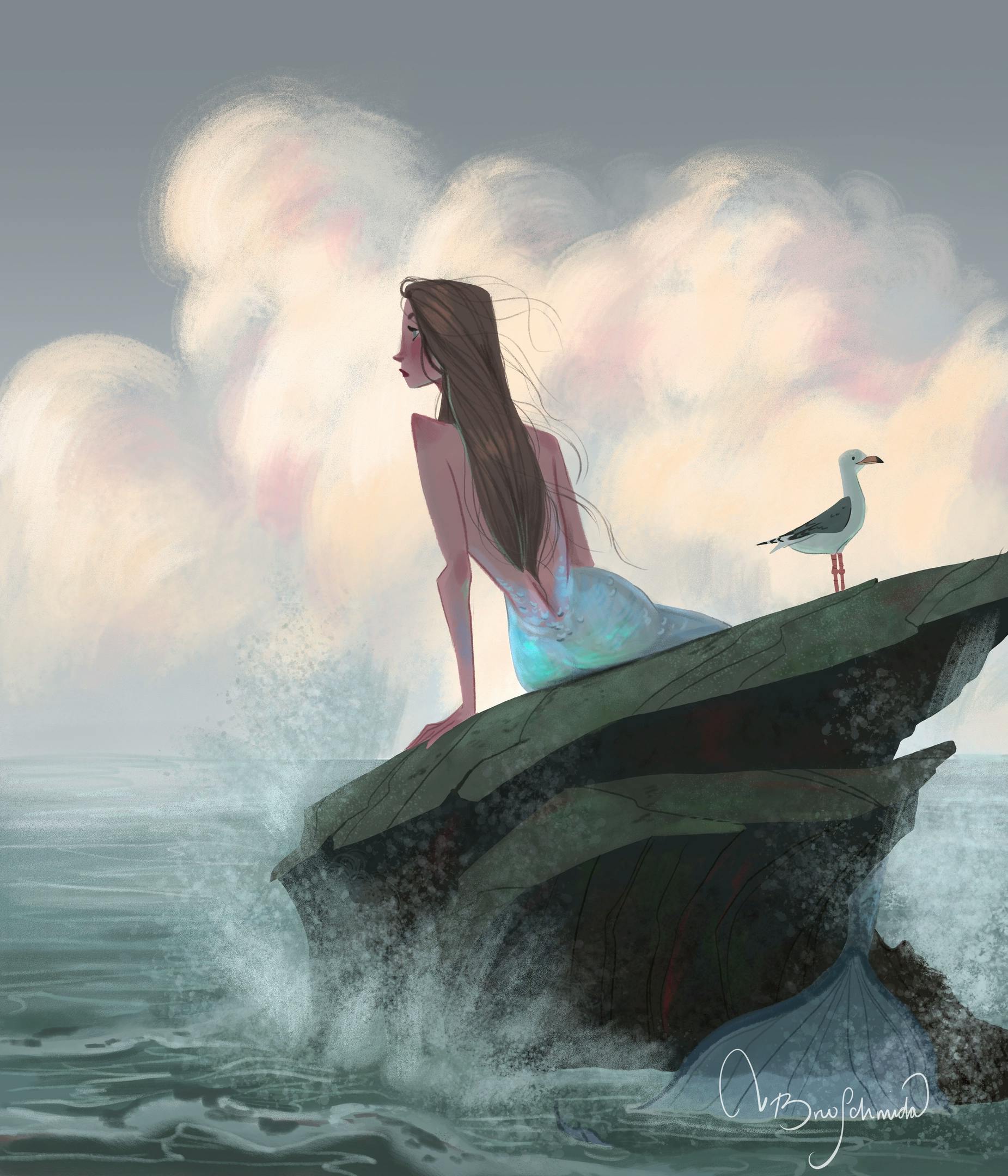An illustration of a mermaid sitting on a rock in the ocean
