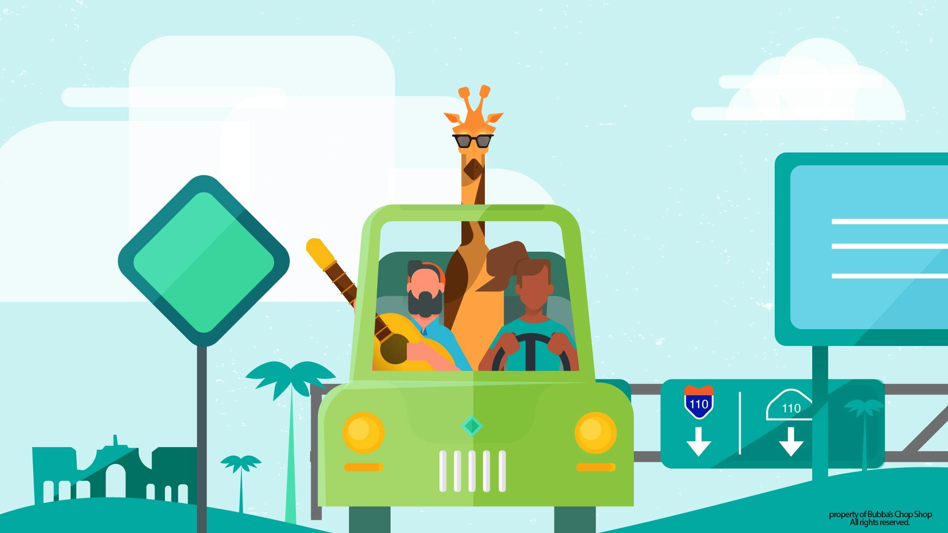 A car driving with a giraffe
