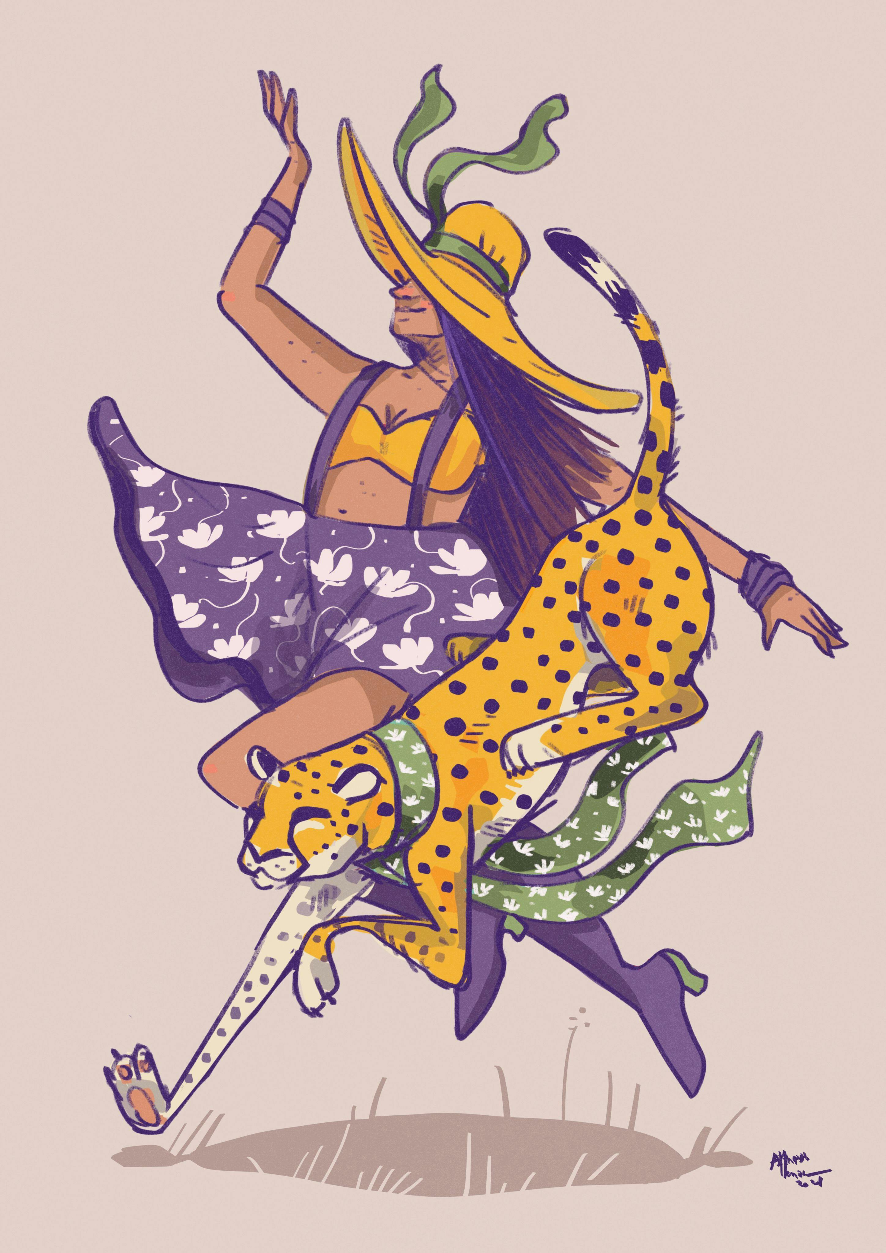 A woman running with a cheetah