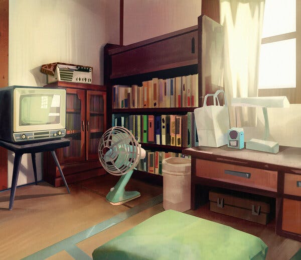 illustration of a room with a desk, bookshelf, and old tv