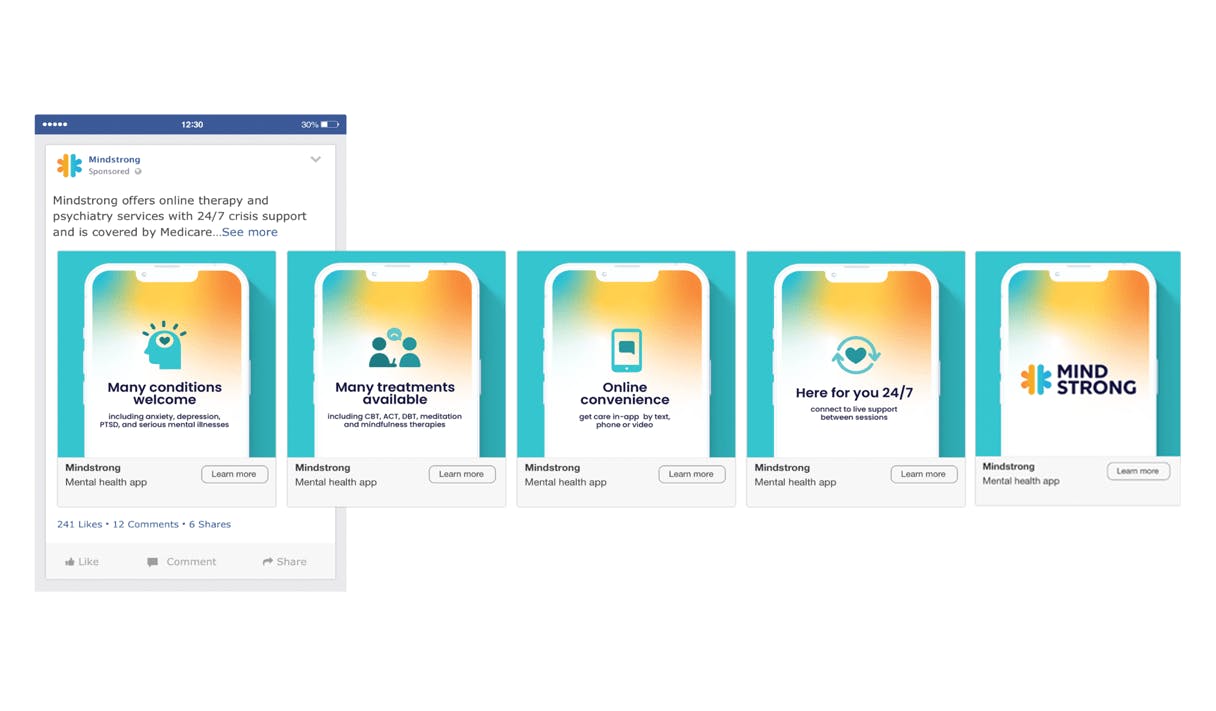 A series of screens from the Mindstrong app.