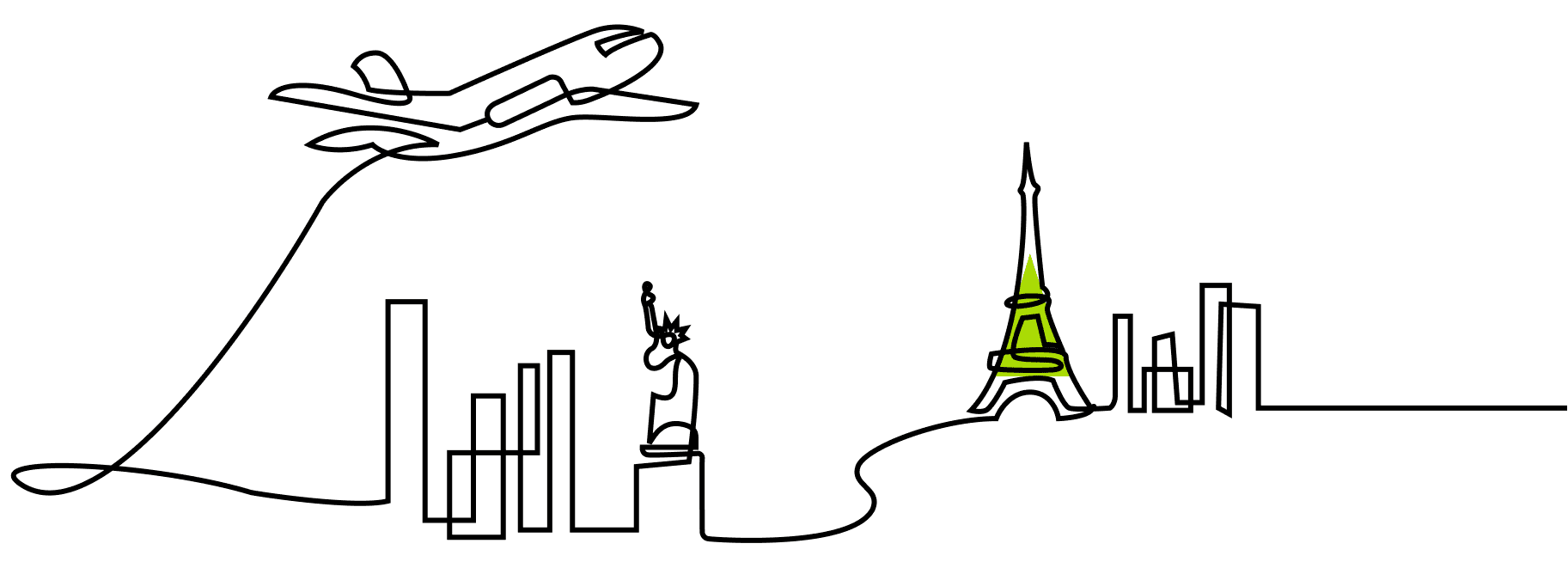 An illustration of a jet flying over New York City and Paris using a single contiguous line