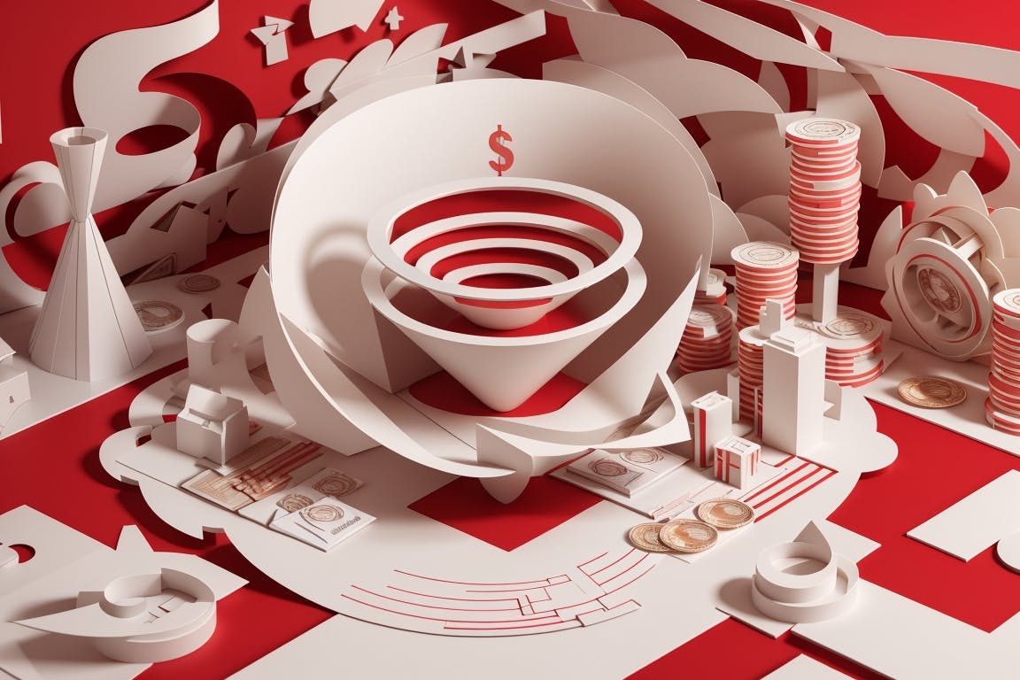 image of a marketing funnel with coins and dollar signs integrated into a 3d model