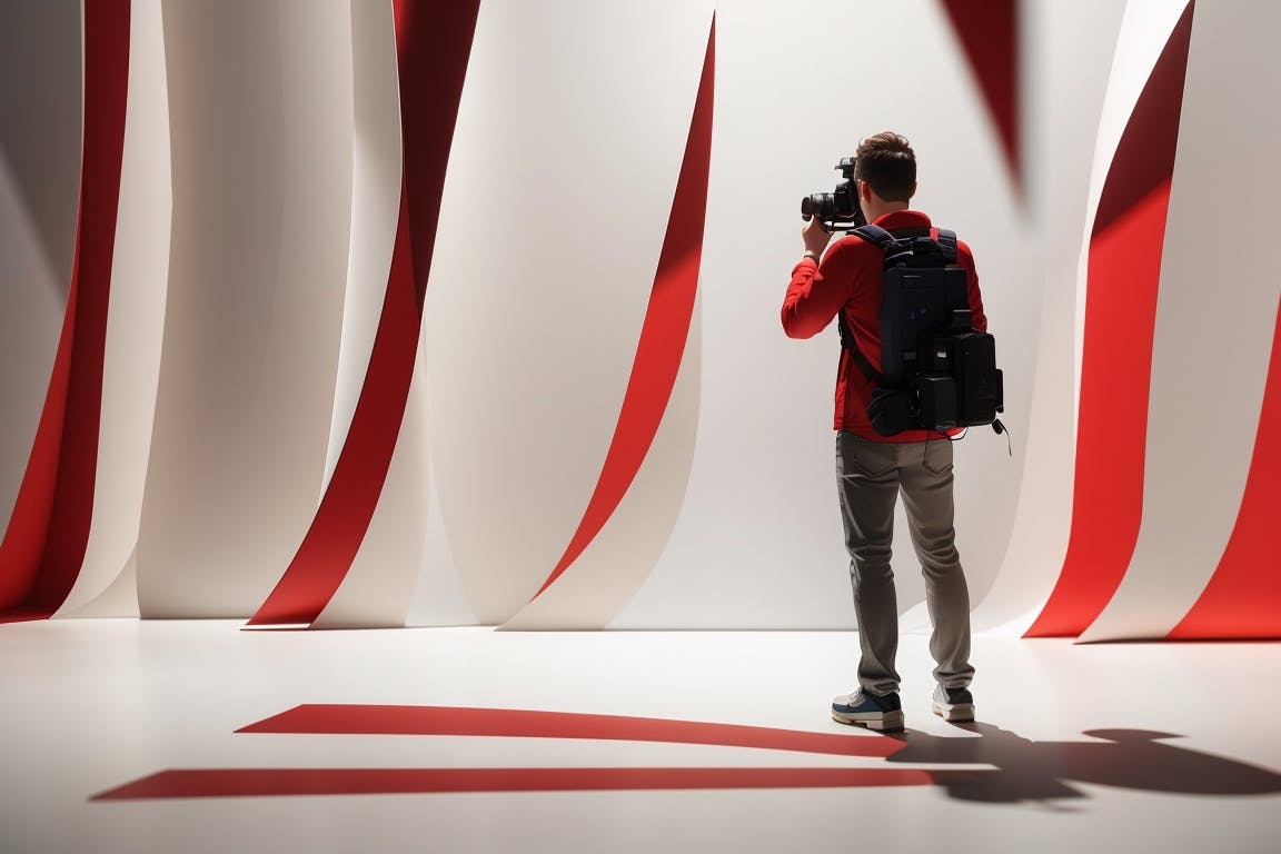 image of a man with a backpack from behind filming a red and white striped wall with a video camera