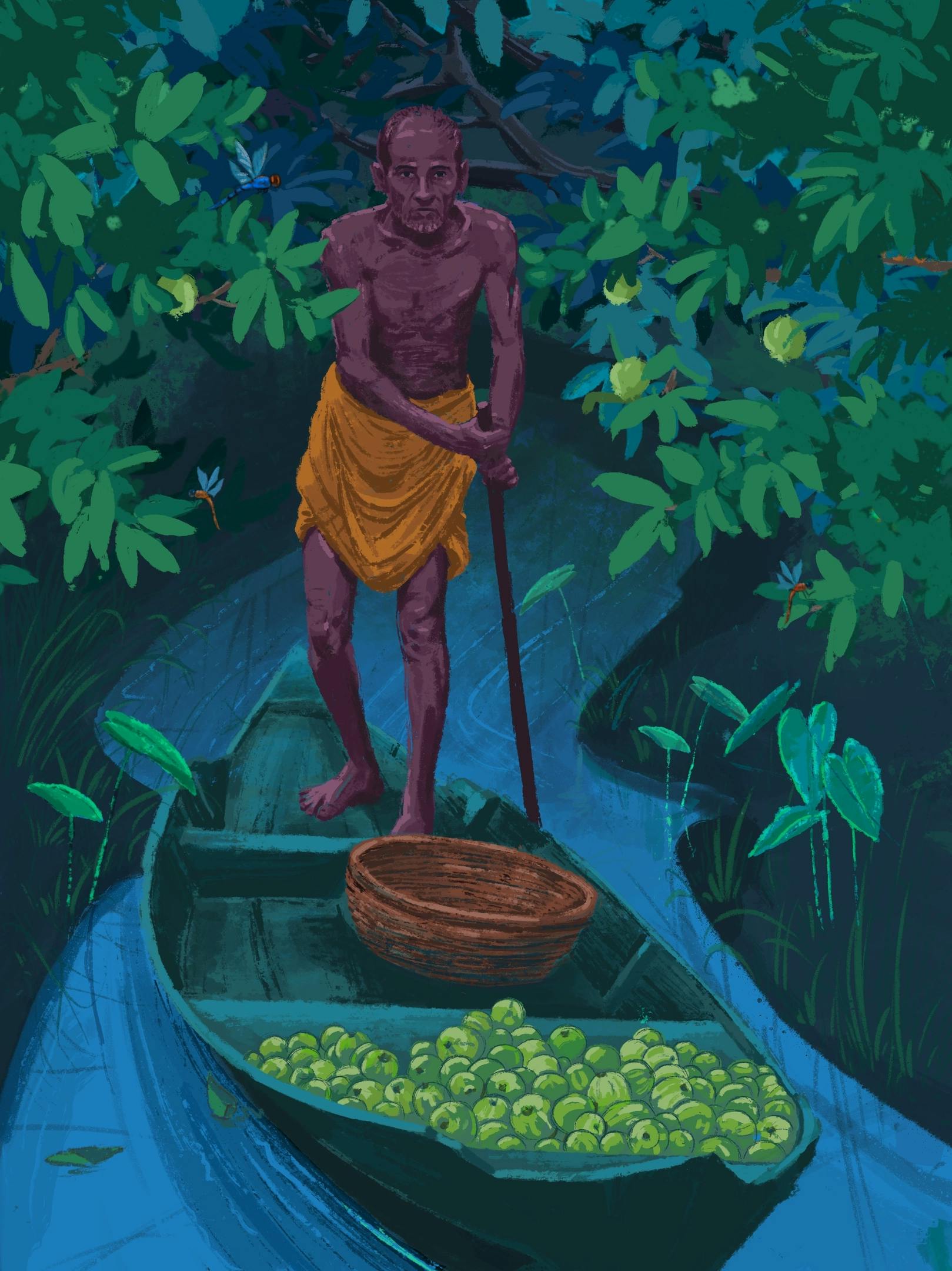 A man pushing a boat full of fruit