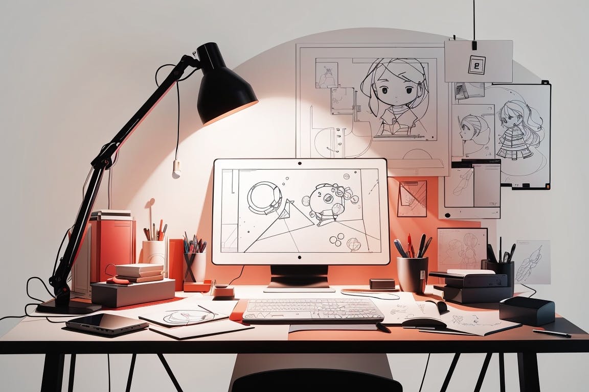 An animator's desk featuring a digital drawing tablet showcasing a 2D character in mid-sketch, with background elements like storyboards, and a few traditional sketches on paper, all under the glow of a desk lamp.