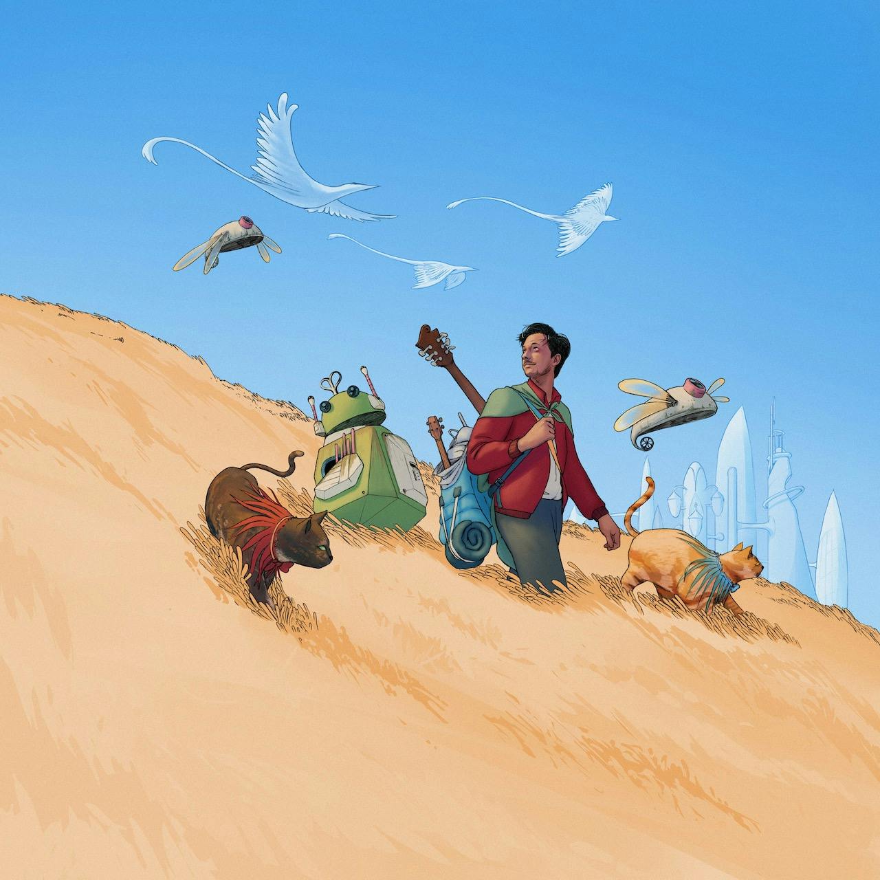 A musician walking with fantasy friends