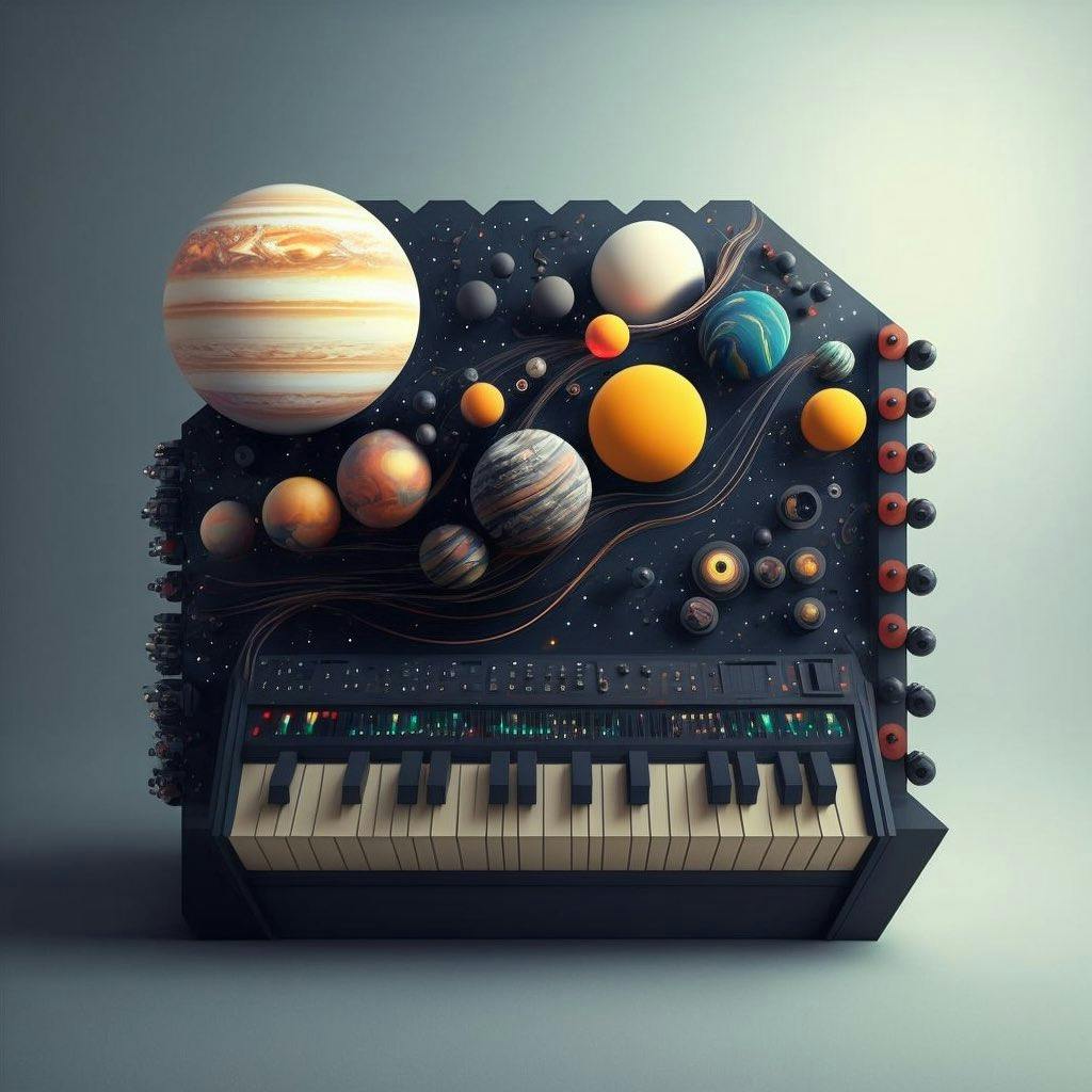 A synthesizer decorated with key elements from our solar system