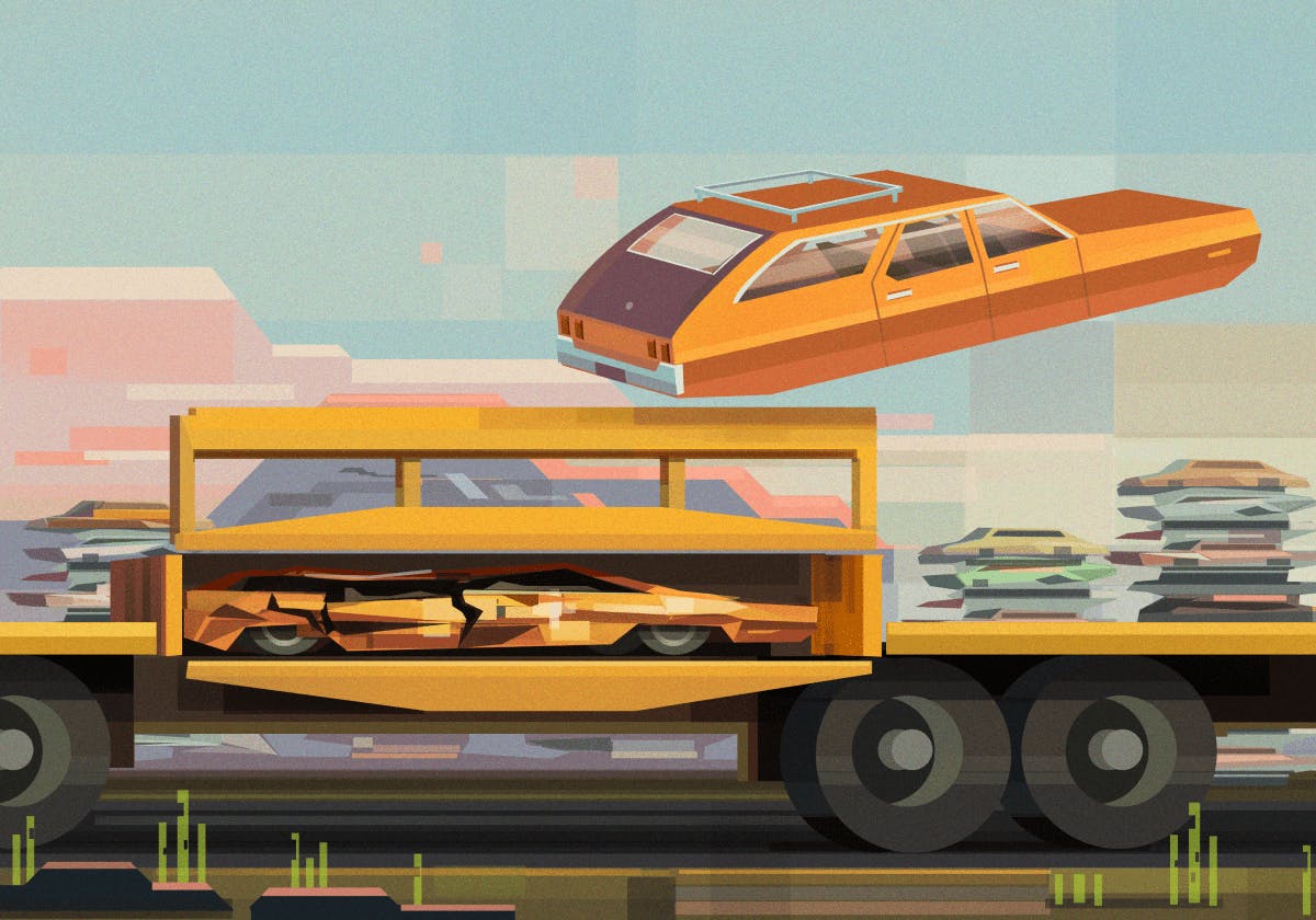 A flying car in front of a truck carrying old cars