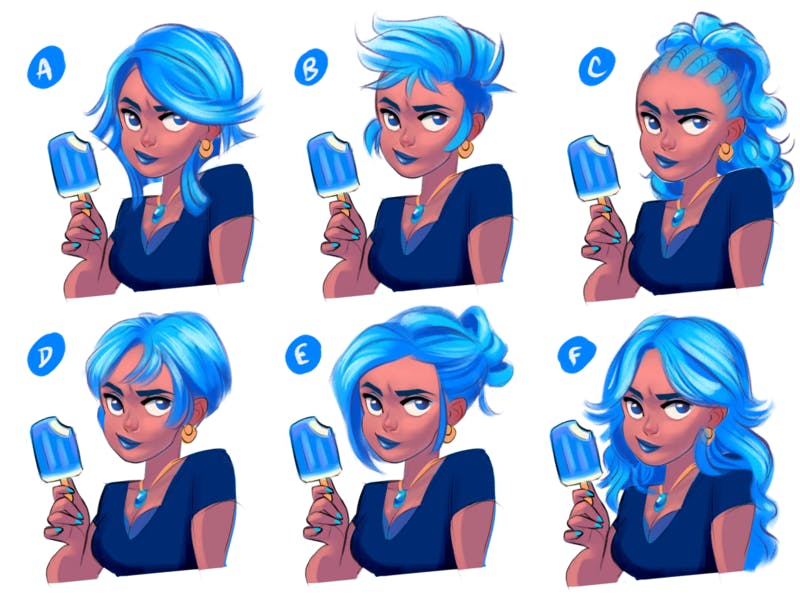 A study of different hairstyles for a female character.