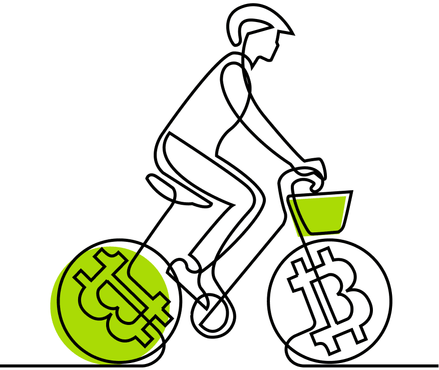 An illustration of cyclist riding a bike with bitcoin wheels using a single contiguous line