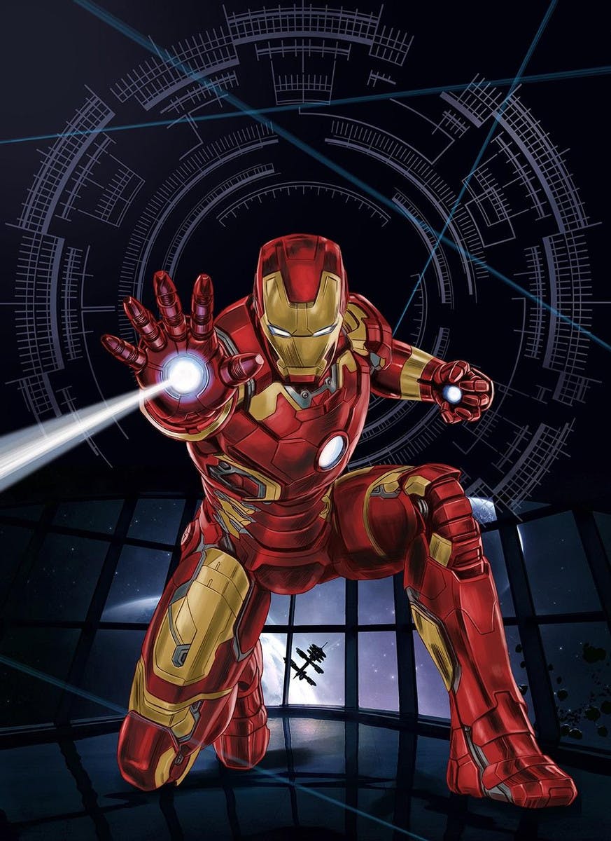 Iron Man shooting a phaser toward the camera