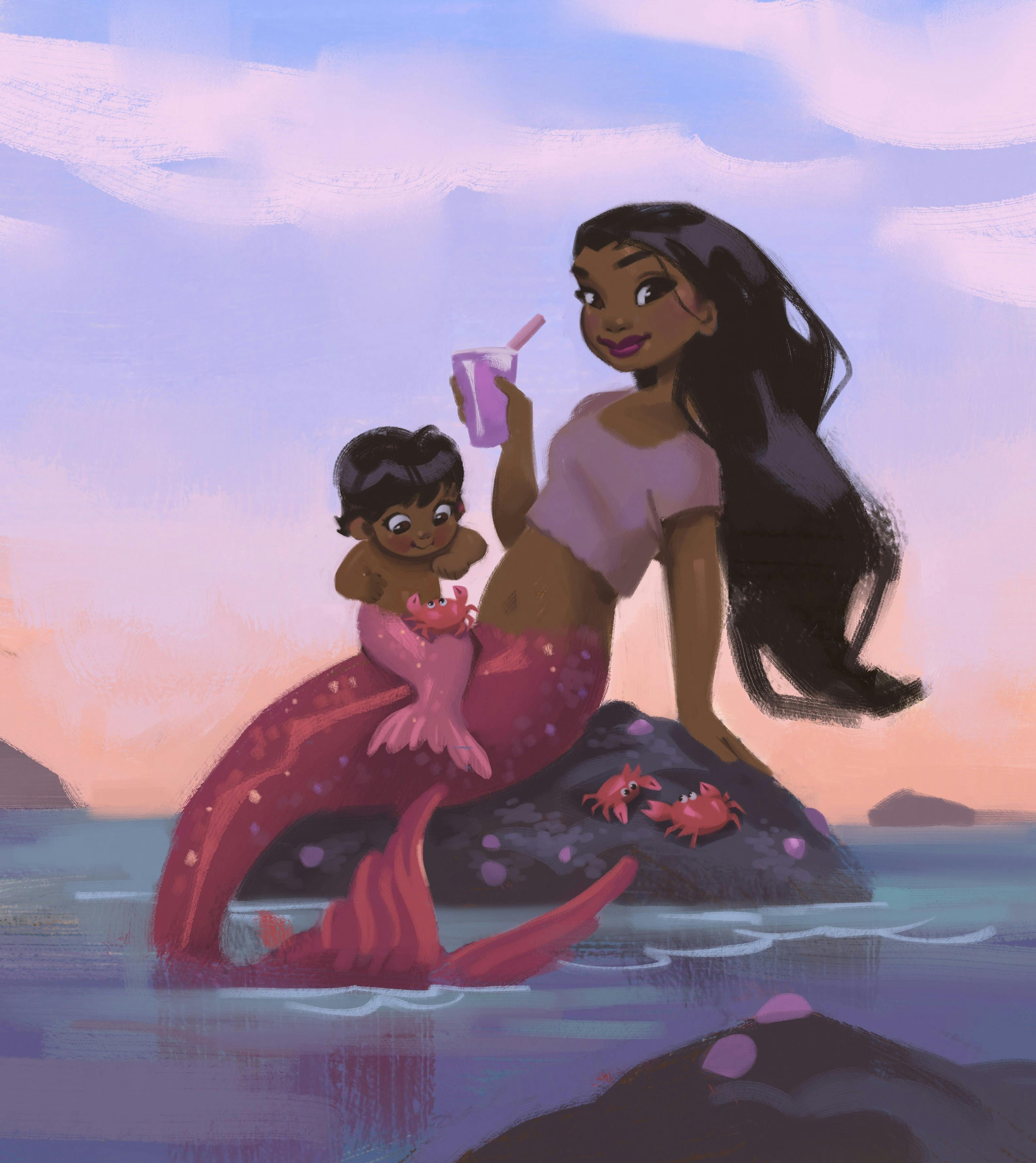 A mermaid with her baby