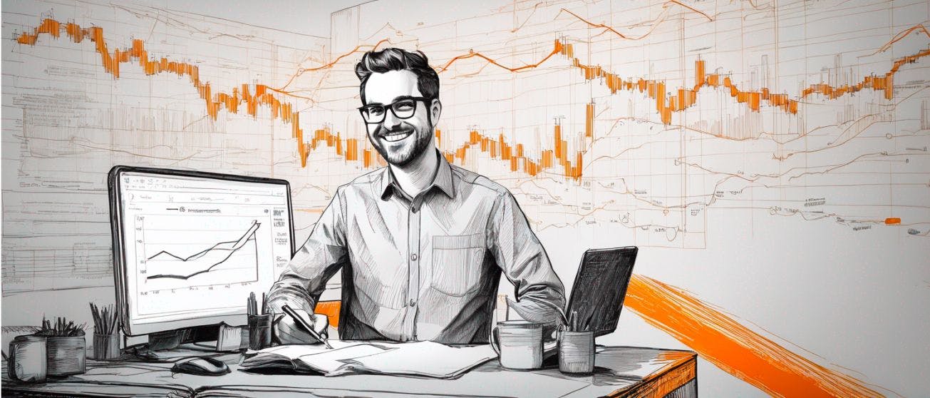 Smiling professional at a desk with financial charts on screen and wall, representing analysis and comparison of ChatGPT competitors in the AI market.