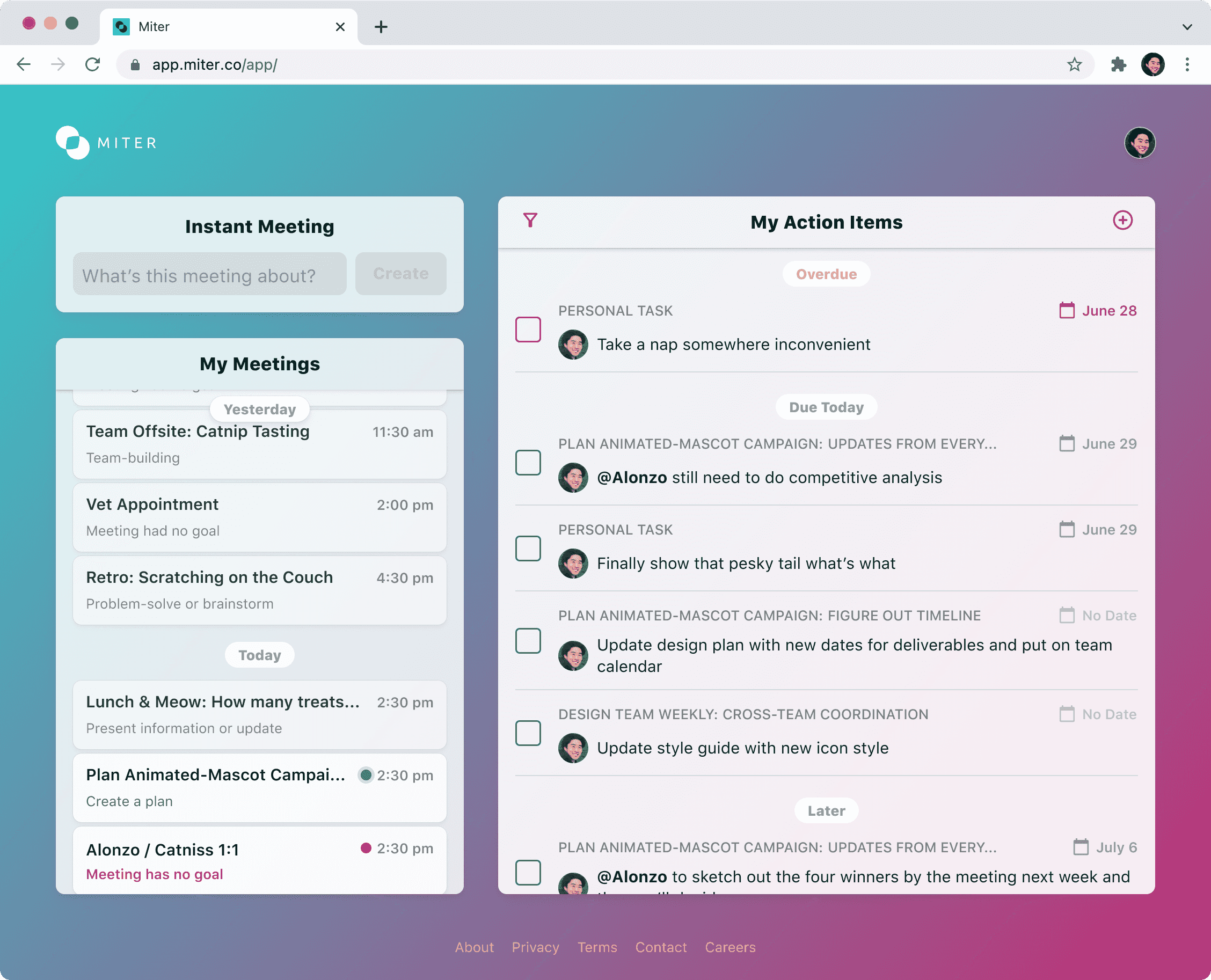 Miter dashboard UI