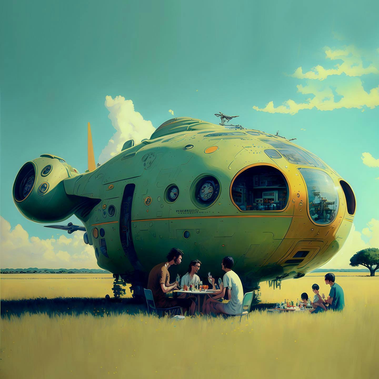 A family picnic in front of their space ship