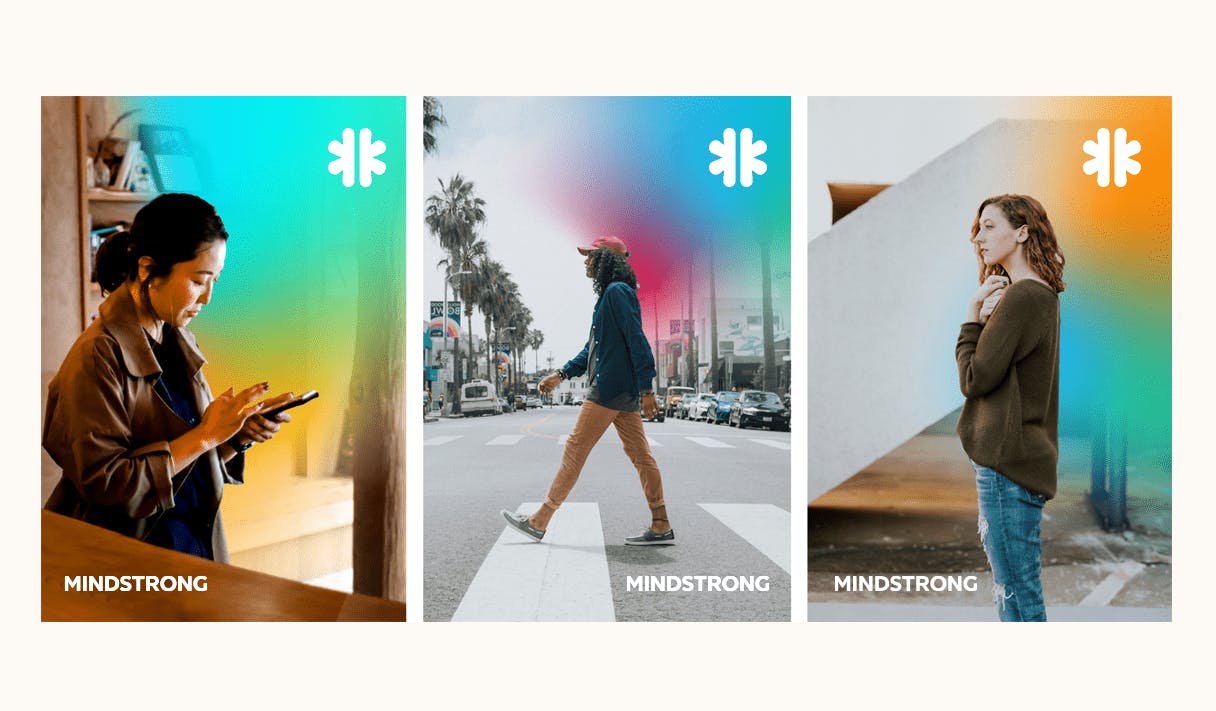 Three example photographs in the style of the Mindstrong brand.