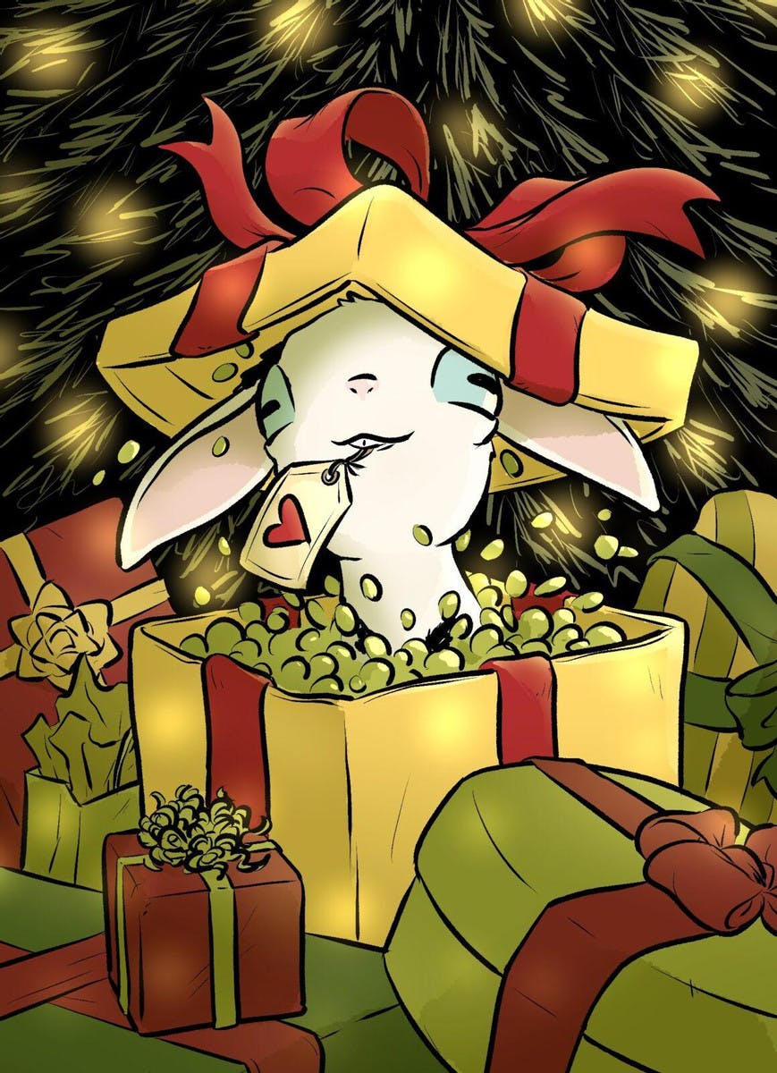 An illustration of a goat in a gift box