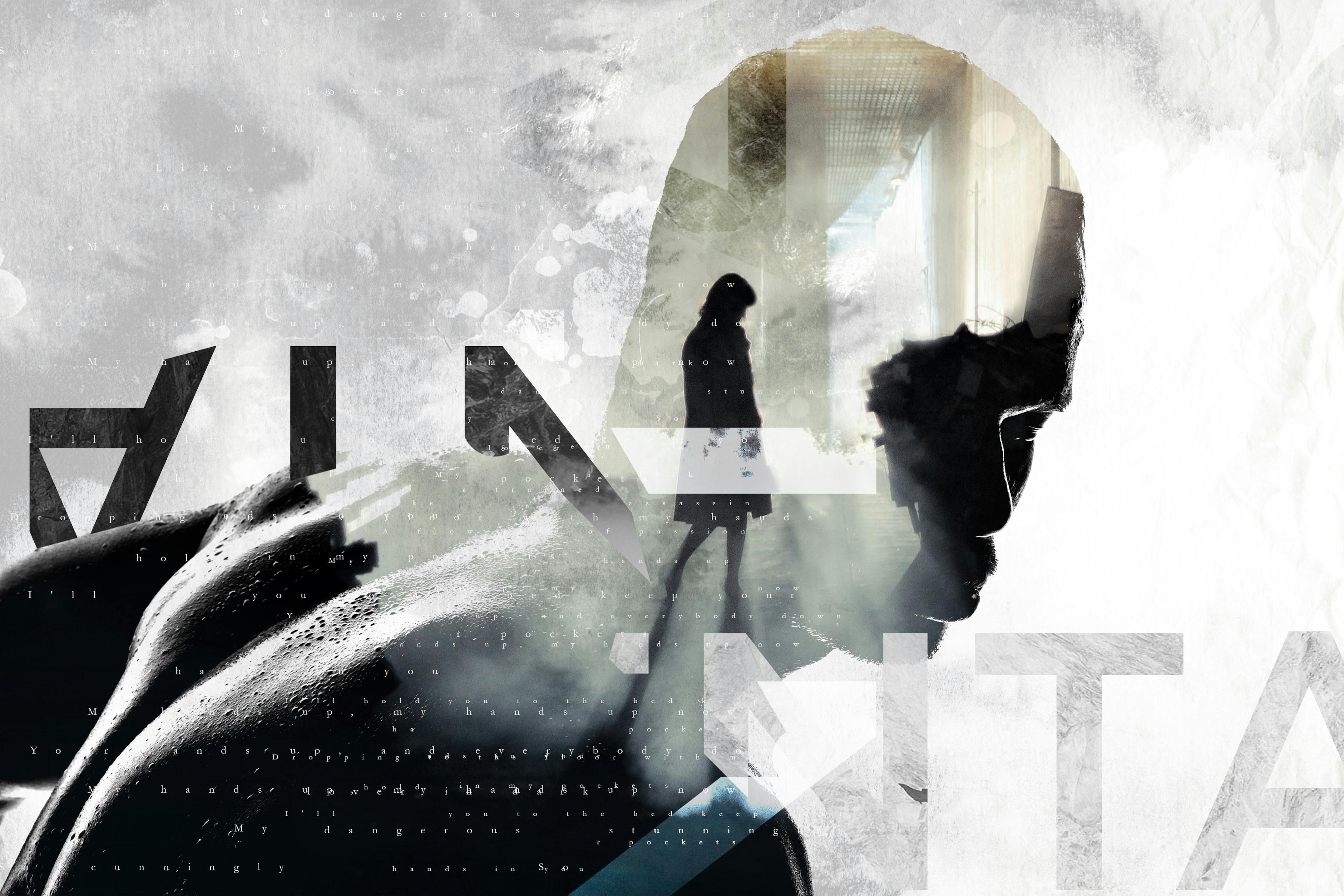 Abstract human silhouette layered with geometric patterns and a figure walking inside, representing data, strategy, and harnessing AI for enhanced business performance.