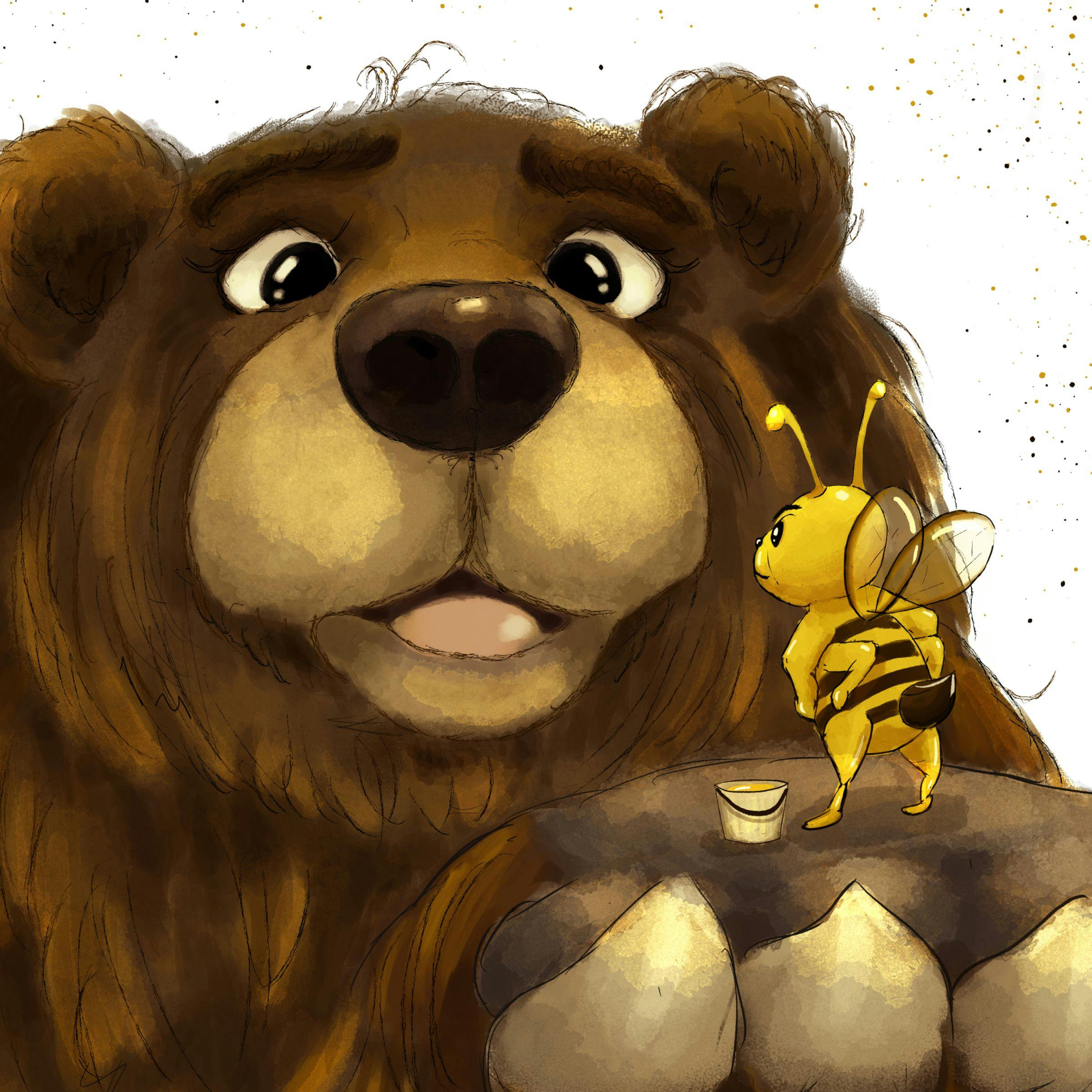 A bear holding a bee in its paw